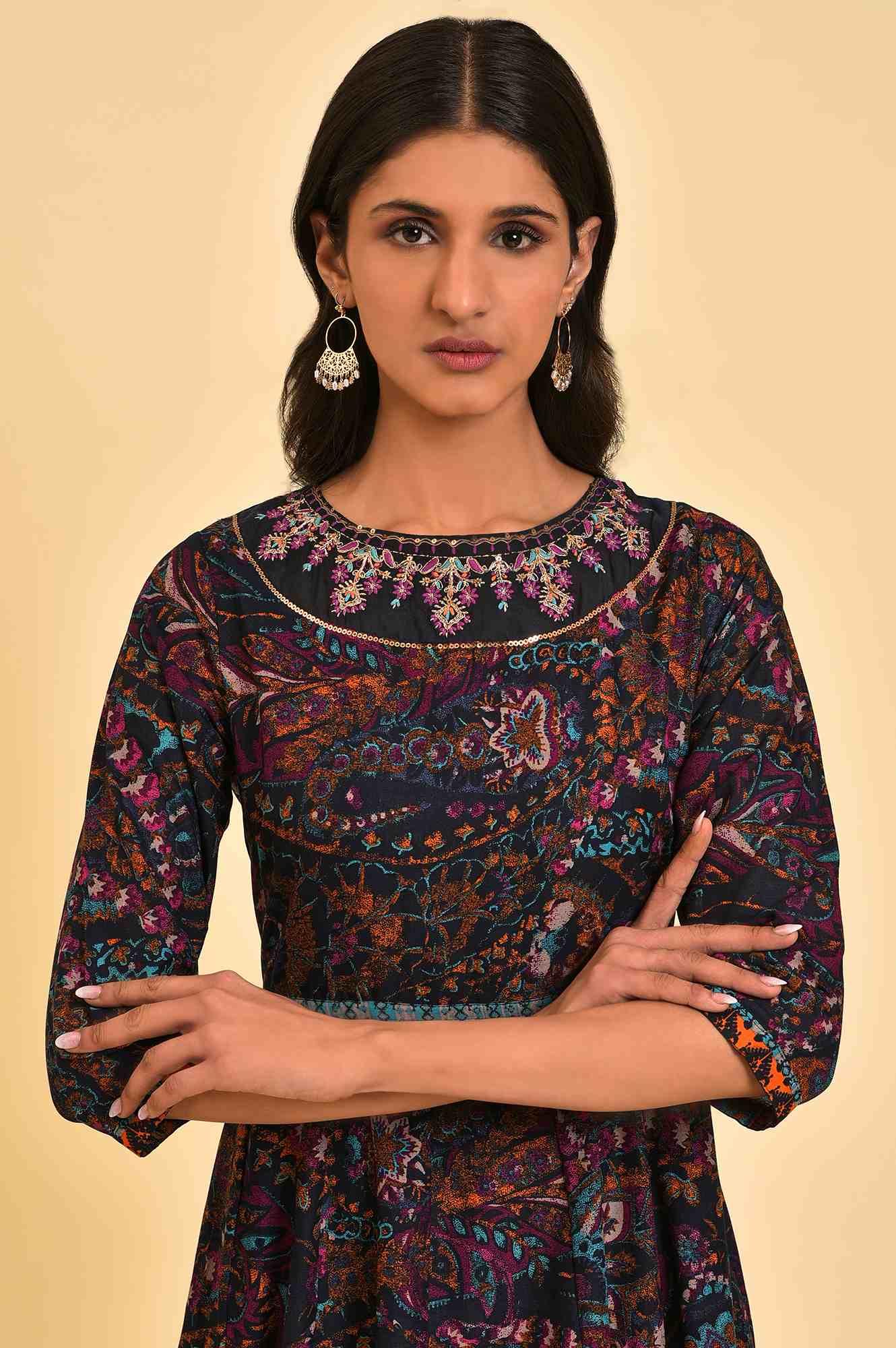 Blue Printed Kalidar Long Dress - wforwoman