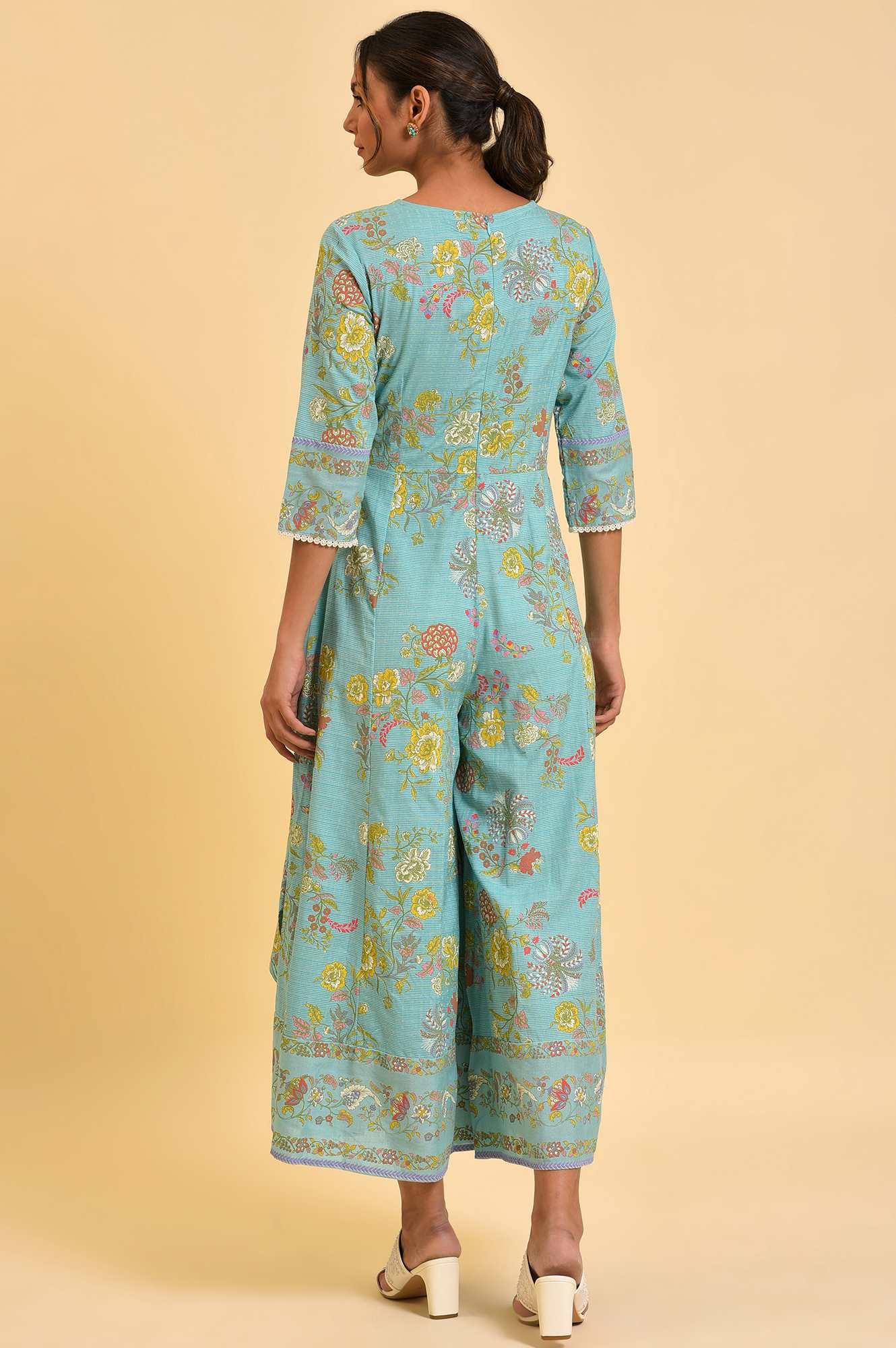 Light Blue Printed Angrakha Jumpsuit - wforwoman