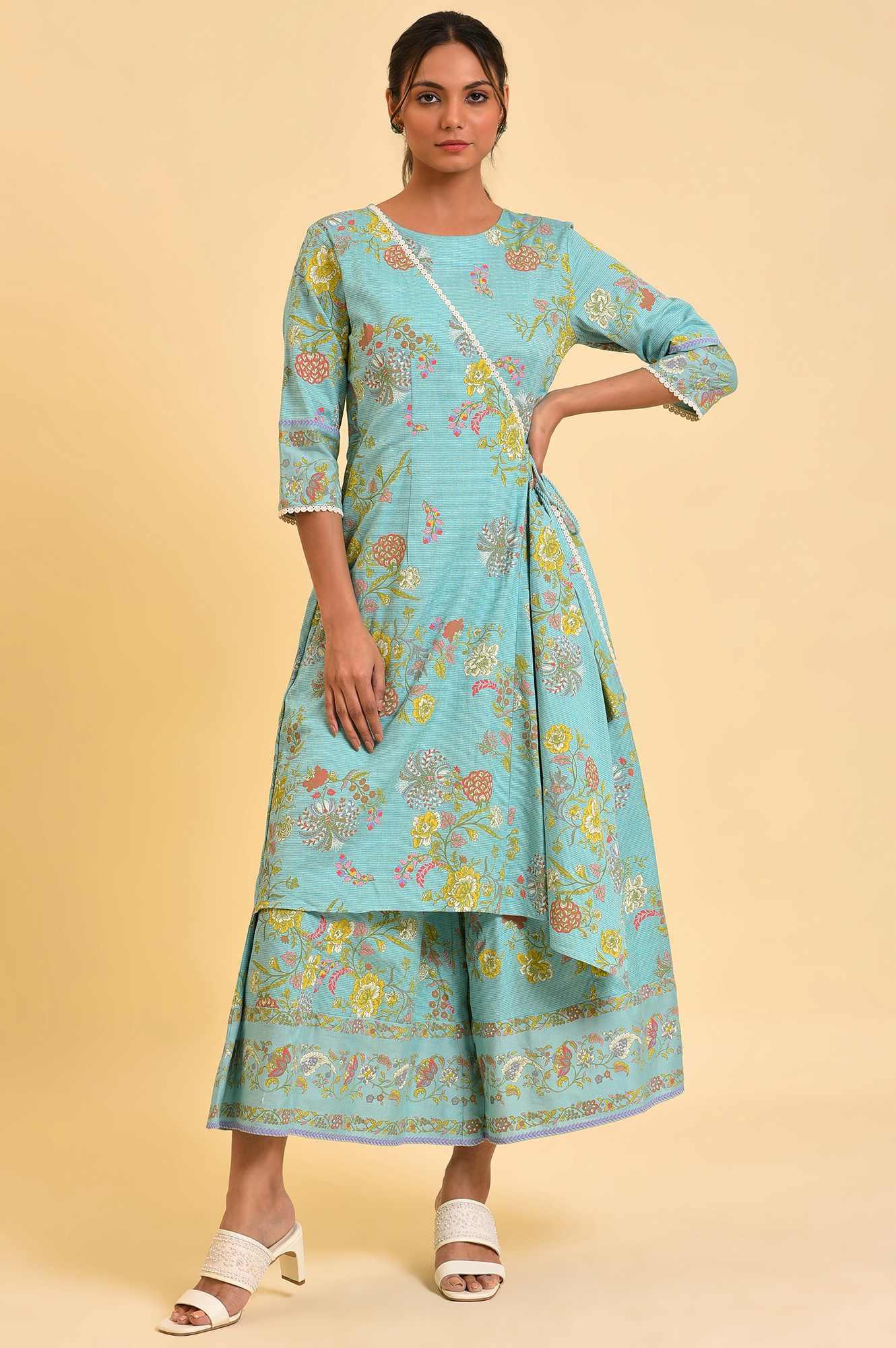 Light Blue Printed Angrakha Jumpsuit - wforwoman