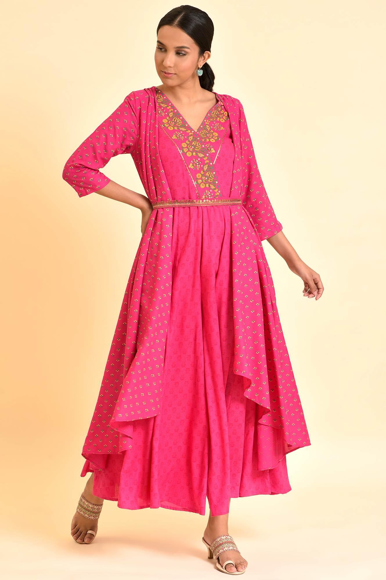 Pink Printed Draped Jumpsuit With Embroidered Belt - wforwoman