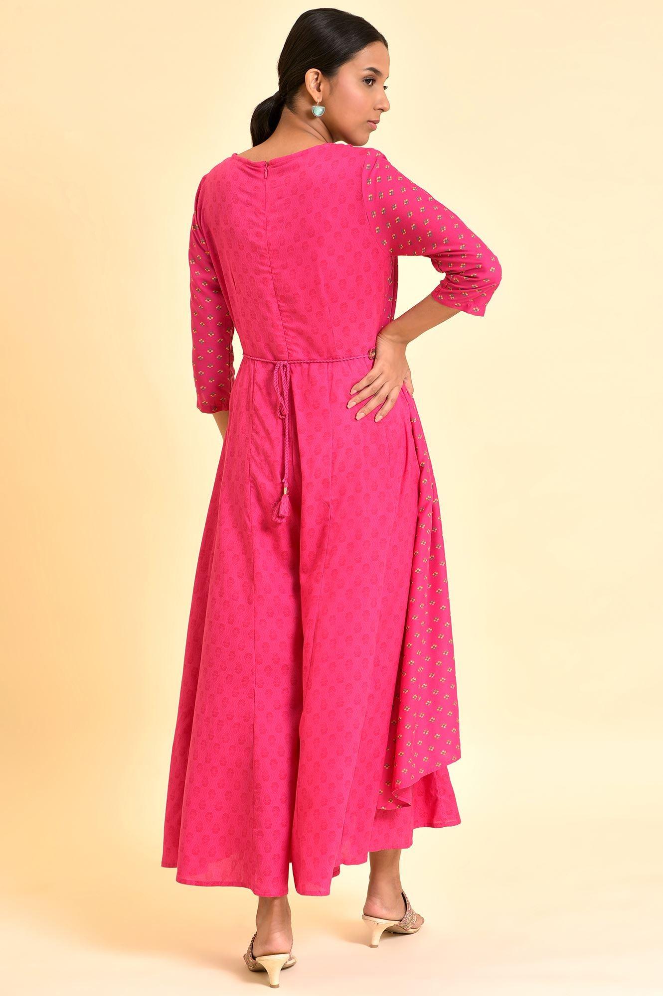 Pink Printed Draped Jumpsuit With Embroidered Belt - wforwoman