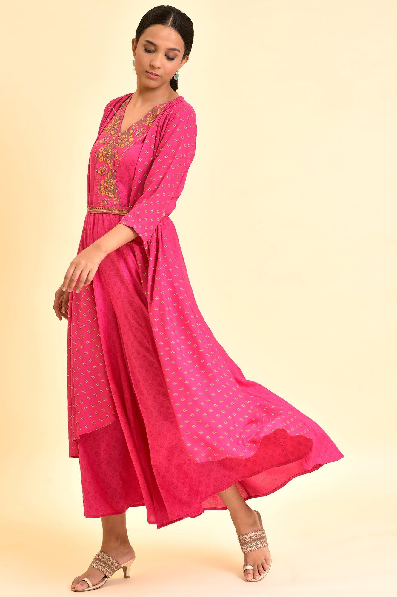 Pink Printed Draped Jumpsuit With Embroidered Belt - wforwoman