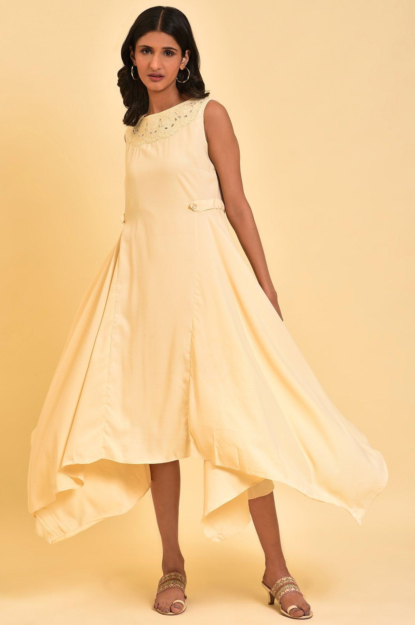 Ecru Sleeveless Asymmetrical Embroidered Dress - wforwoman