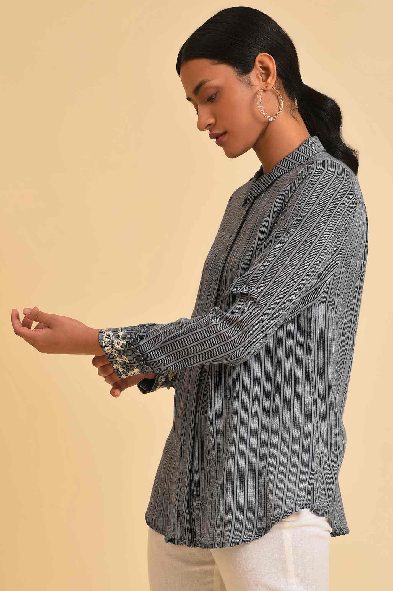 Grey Yarn Dyed Stripe Shirt - wforwoman