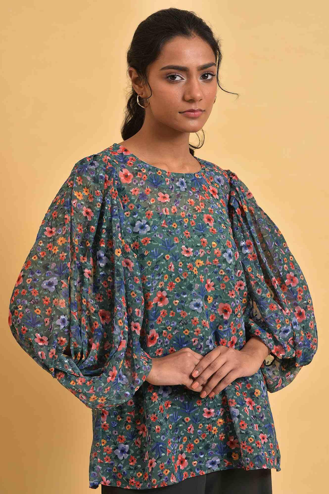 Green Floral Print Georgette Top - wforwoman