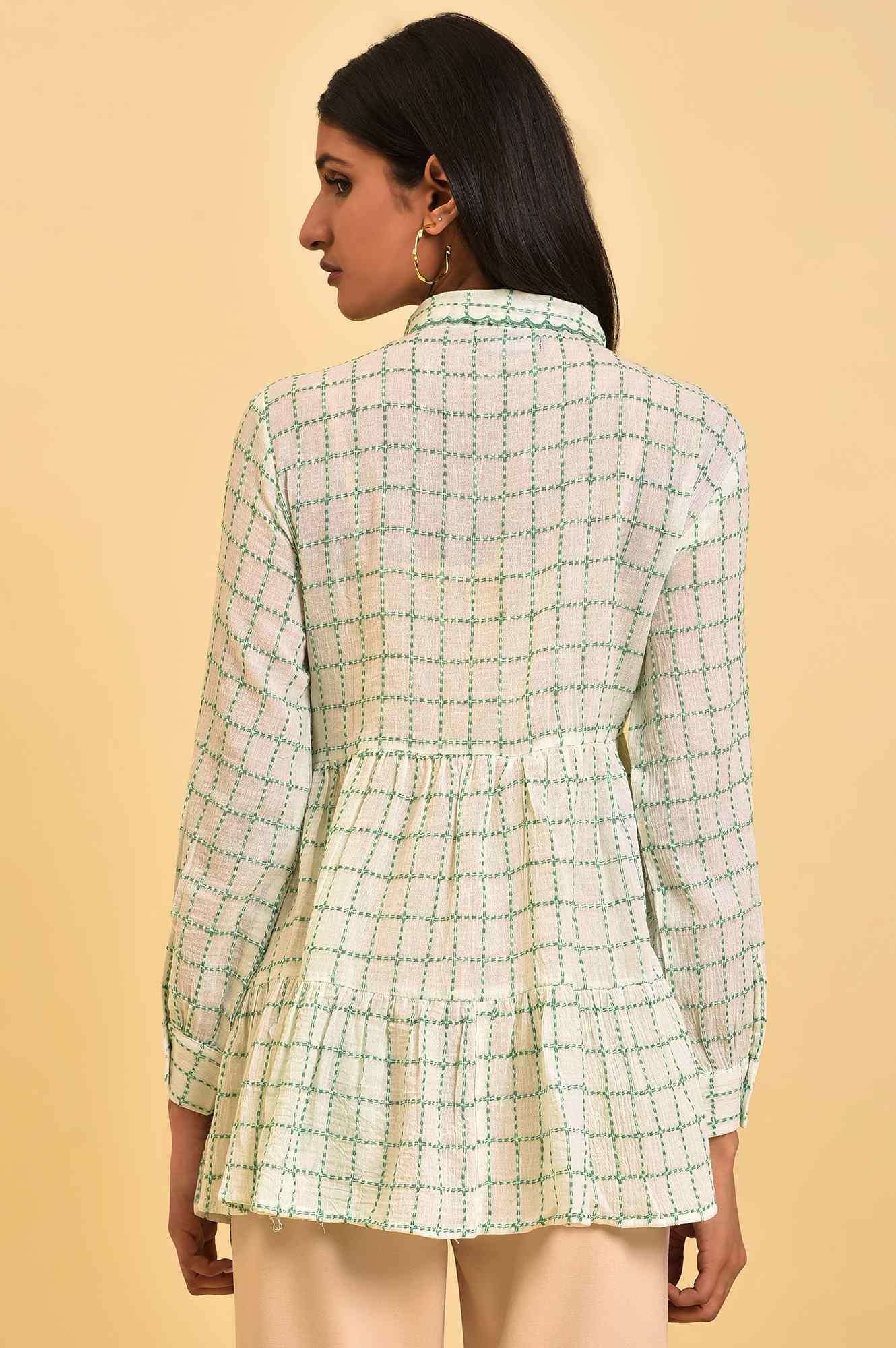 White Tiered Top with Green Stitch Lines - wforwoman