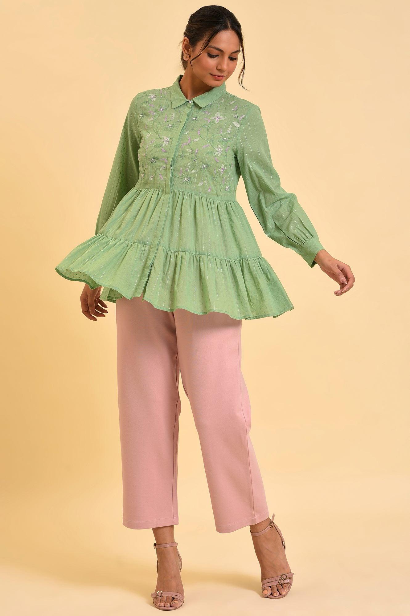 Green Lurex Stripes Embroidered Tiered Top - wforwoman