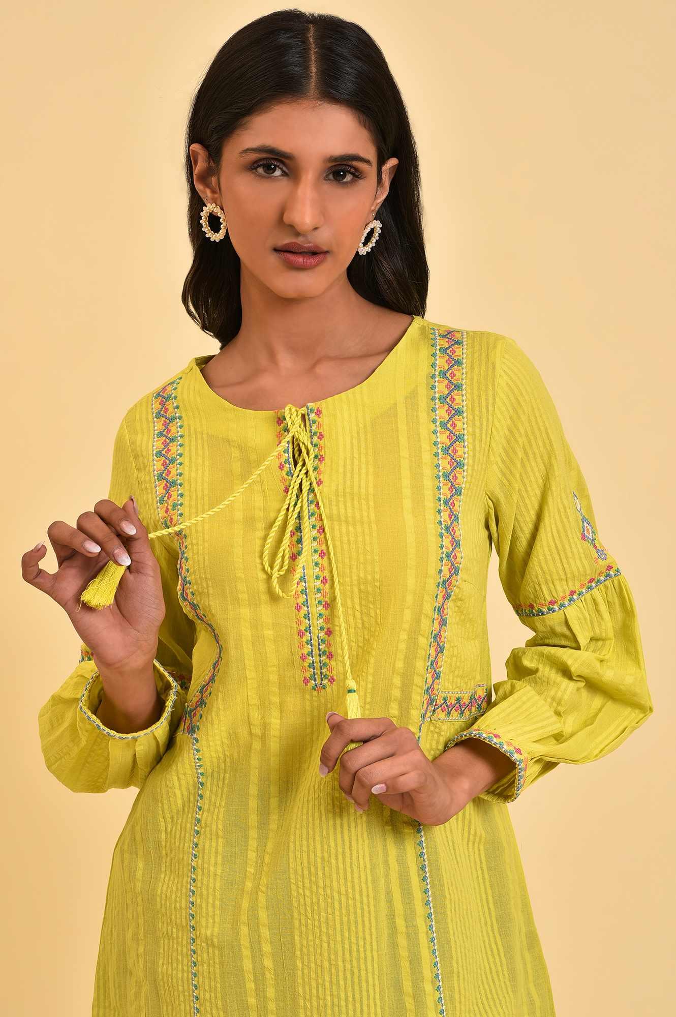 Lime Yellow Seer Sucker Printed Top - wforwoman