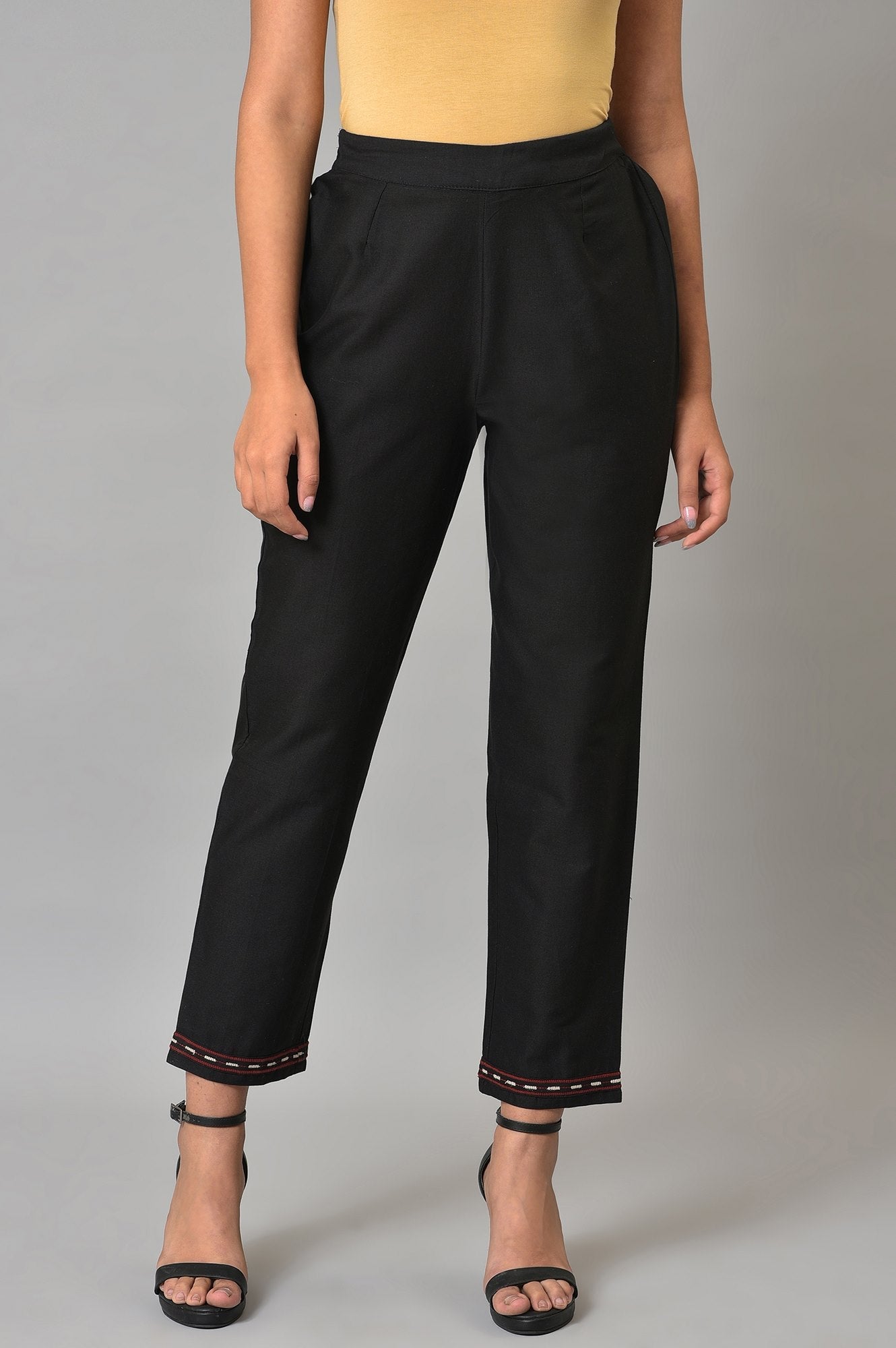 Black Solid Embroidered Straight Cotton Slim Pant