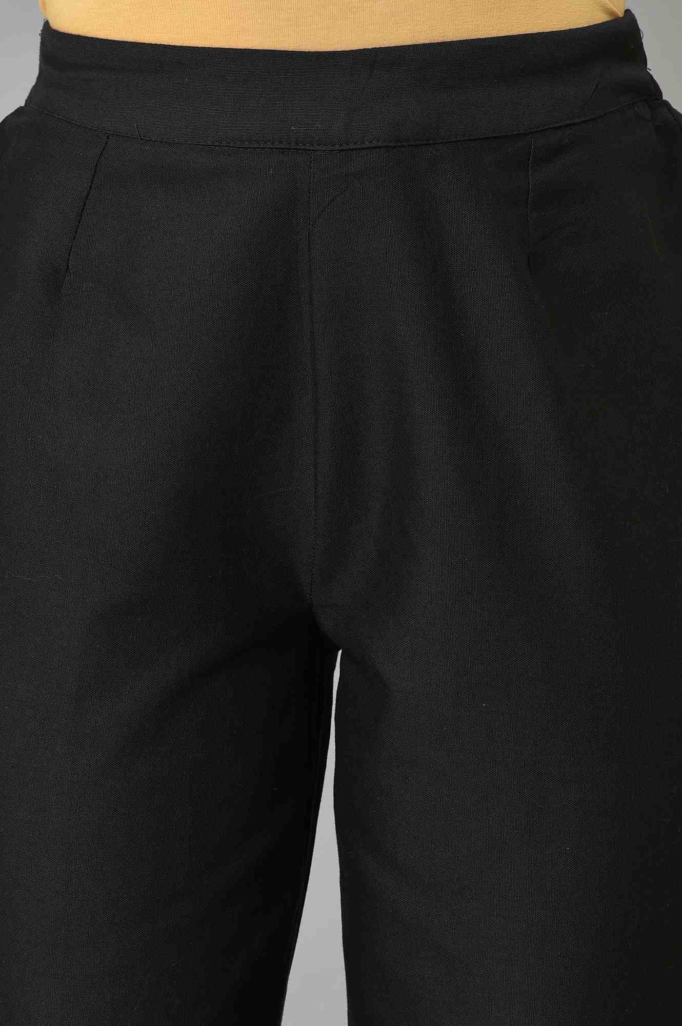 Black Solid Embroidered Straight Cotton Slim Pant