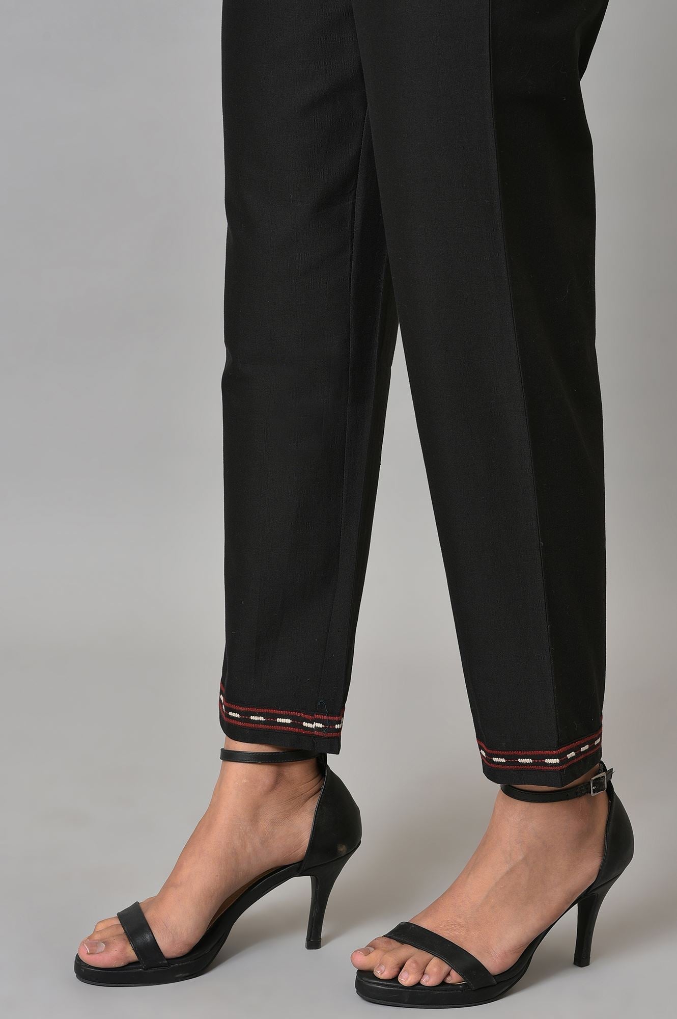Black Solid Embroidered Straight Cotton Slim Pant