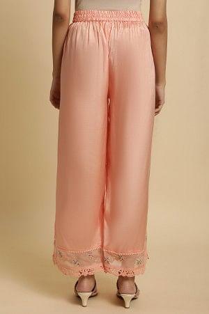Plus Size Pink Parallel Pants With Lace And Embroidery - wforwoman