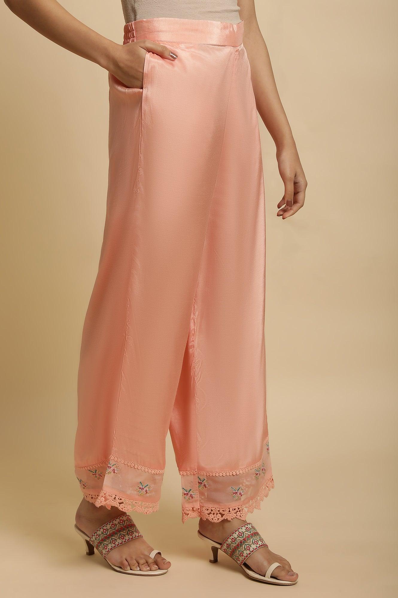 Pink Parallel Pants With Lace And Embroidery - wforwoman