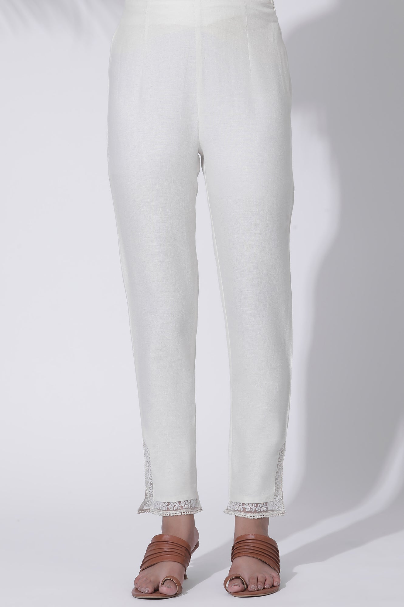 Ecru Thread Embroidery Rayon A-line Kurta and Slim Pant Set