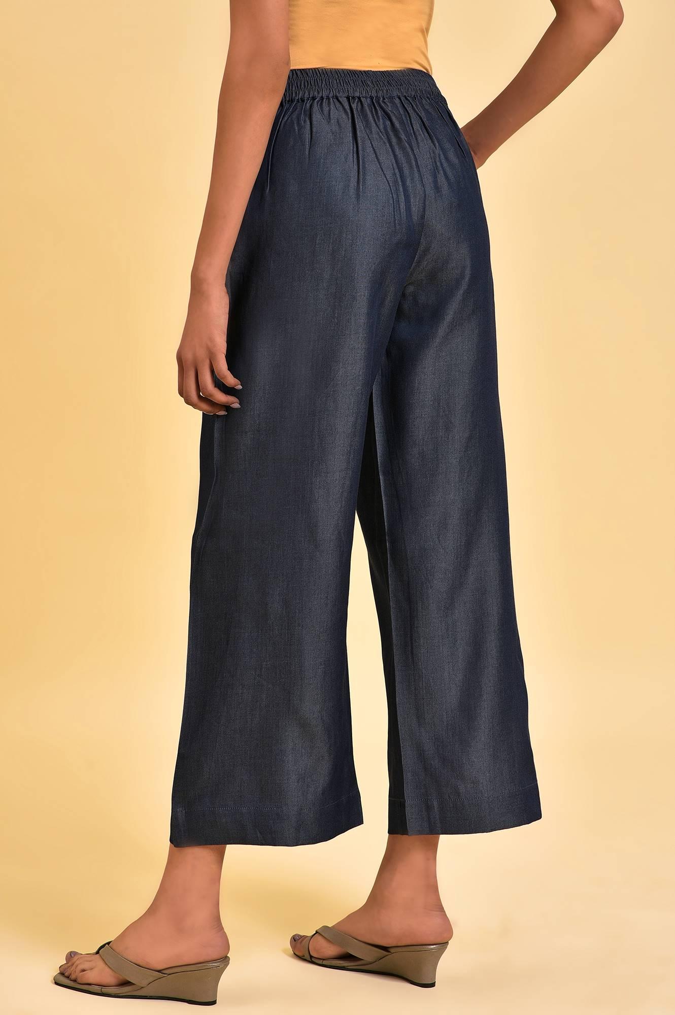 Blue Denim Tencel Pleated Pants - wforwoman