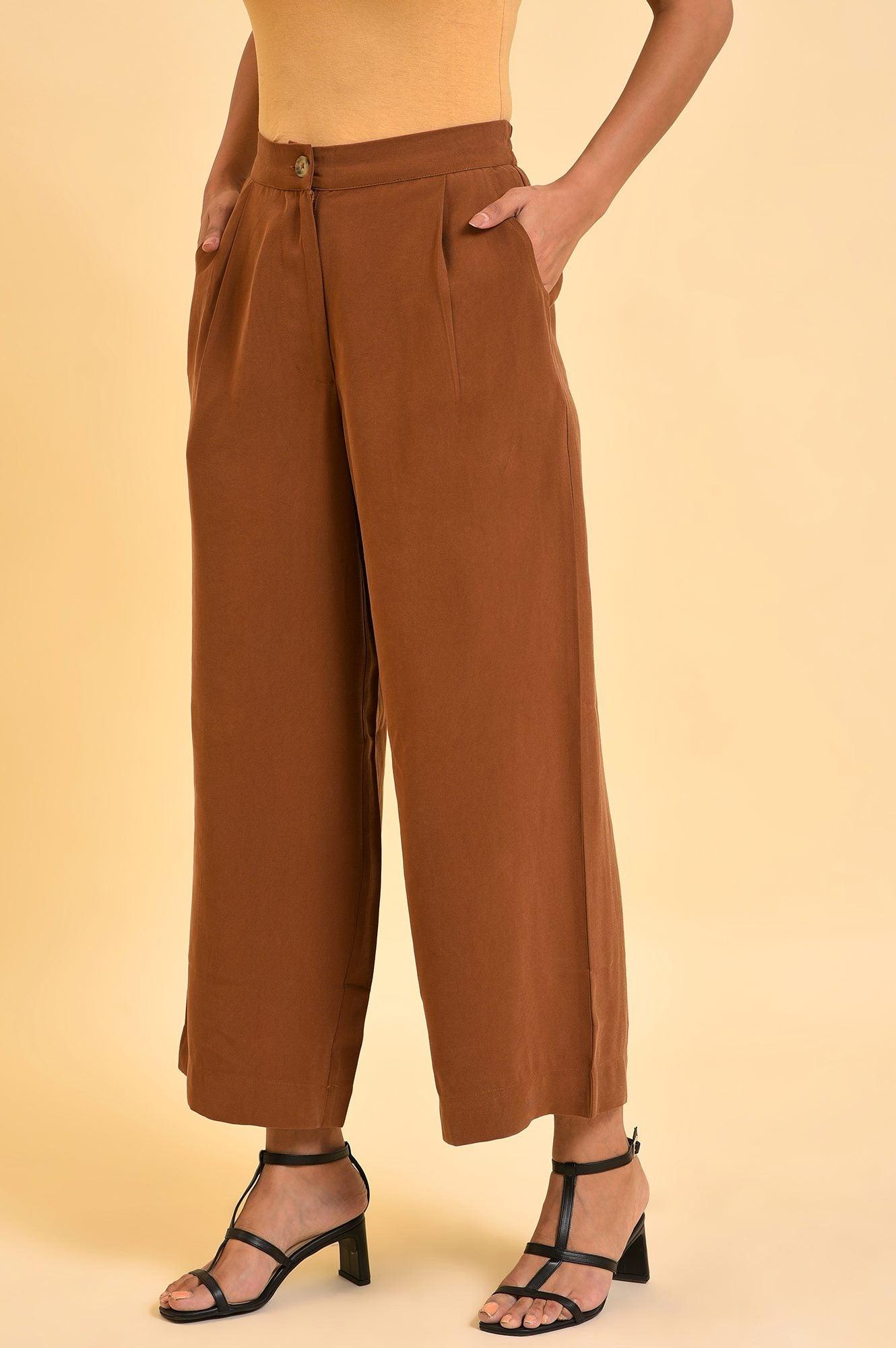 Brown Wide-Leg Pleated Trousers - wforwoman
