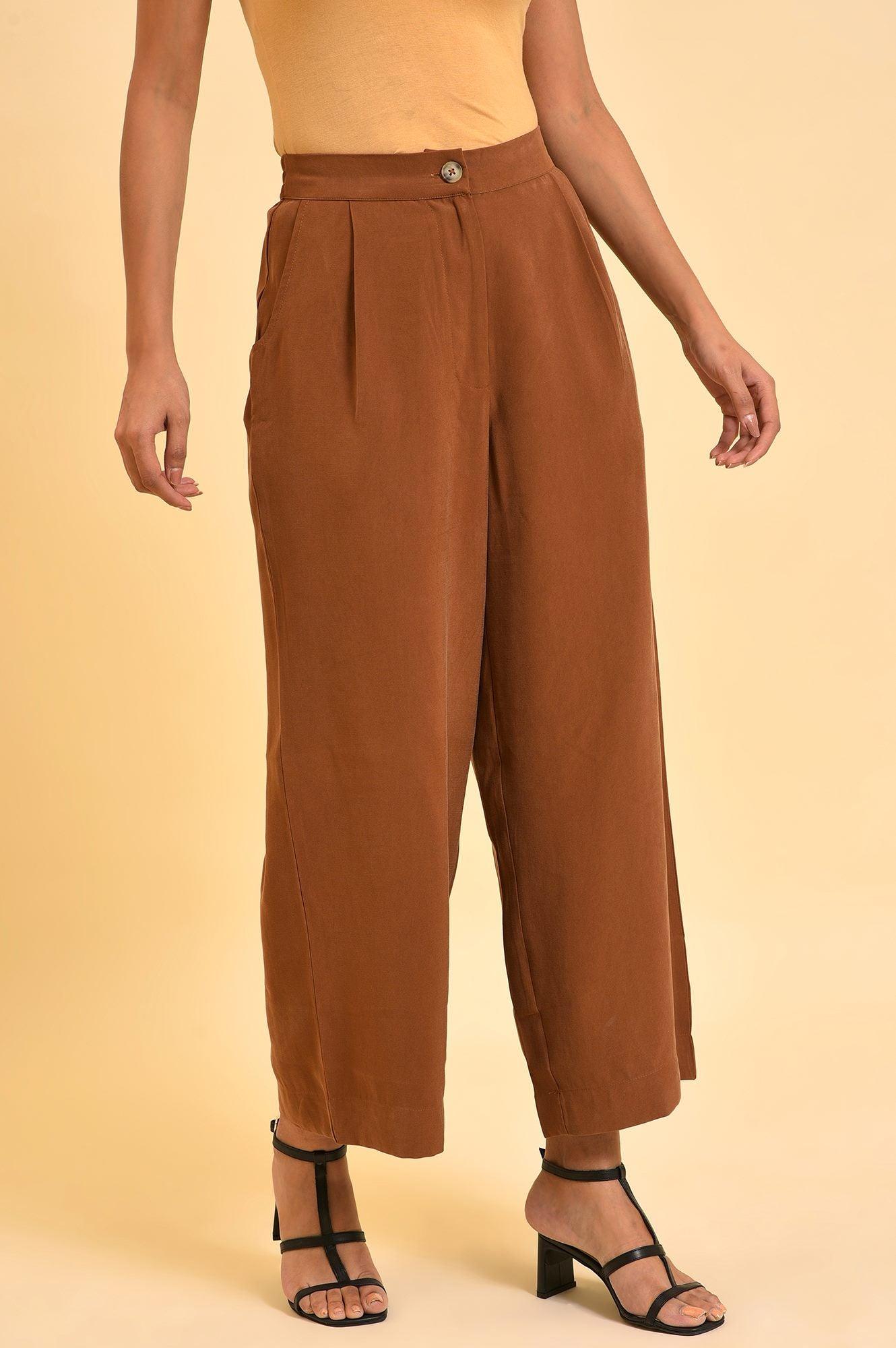 Brown Wide-Leg Pleated Trousers - wforwoman