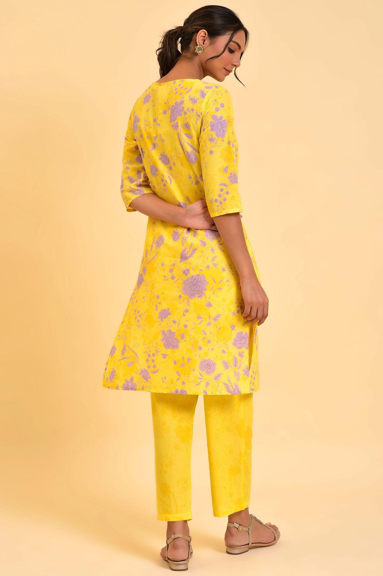 Yellow Floral Print kurta & Straight Pants Co-Ord Set - wforwoman