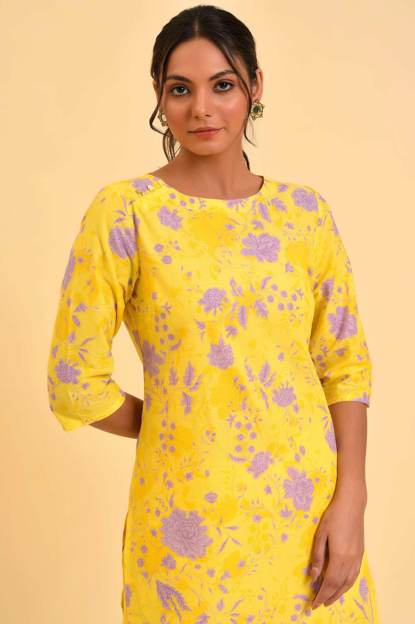 Yellow Floral Print kurta & Straight Pants Co-Ord Set - wforwoman