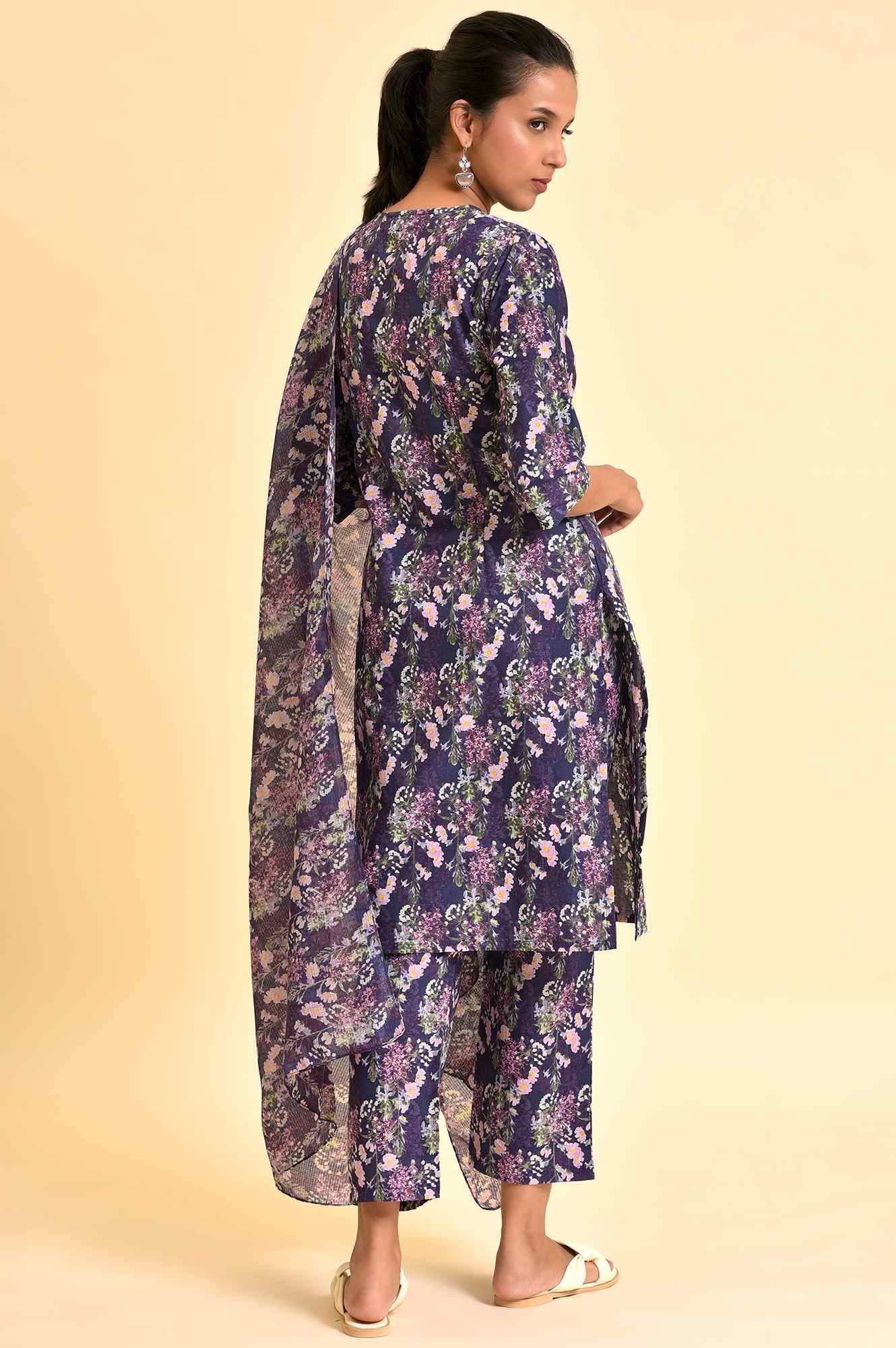 Purple Floral Printed Kurta, Pants & Dupatta Set - wforwoman