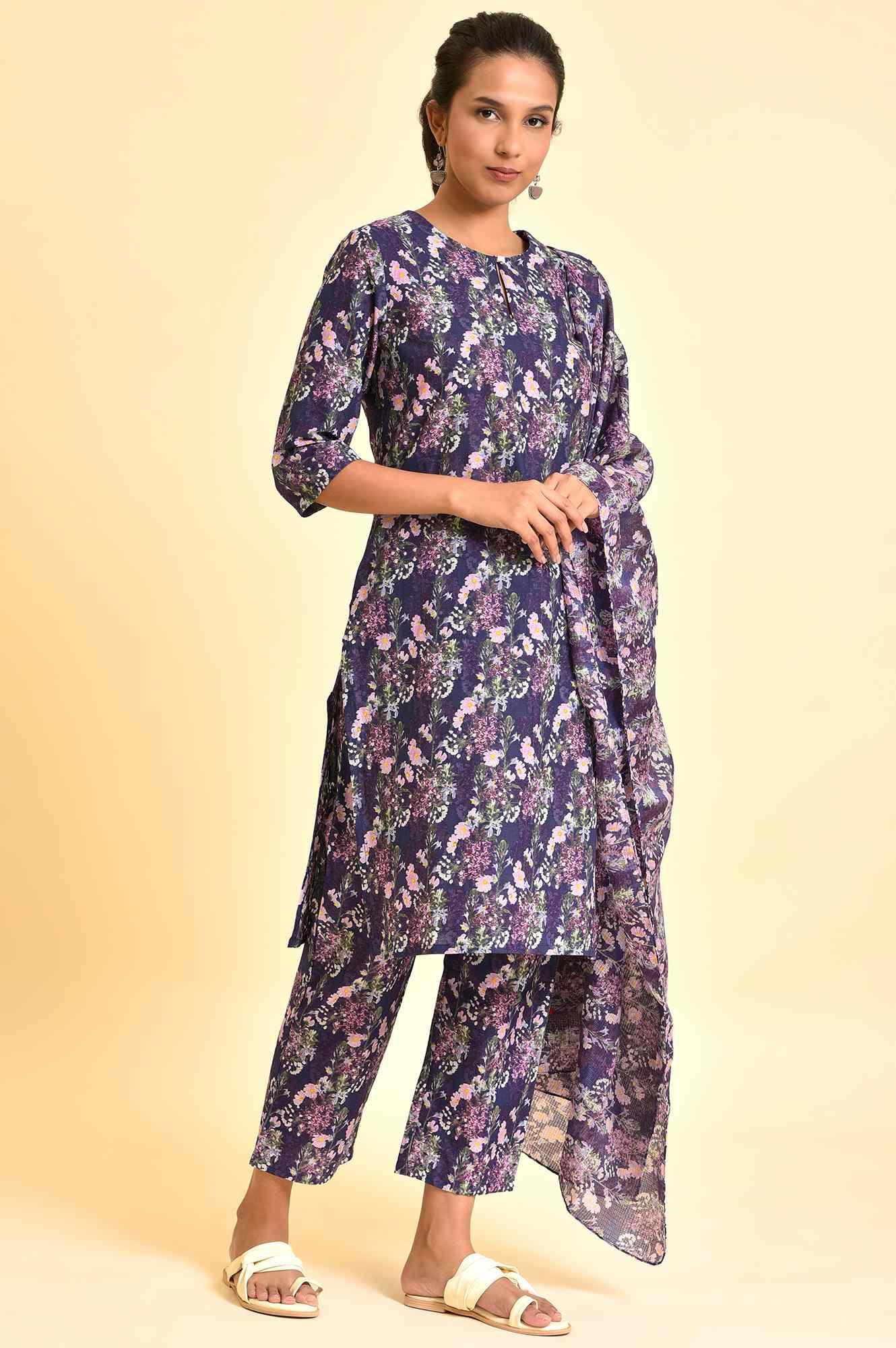 Purple Floral Printed Kurta, Pants & Dupatta Set - wforwoman