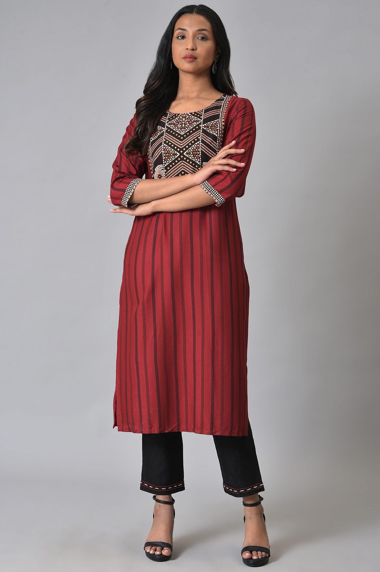 Red Stripe Sraight kurta Set - wforwoman