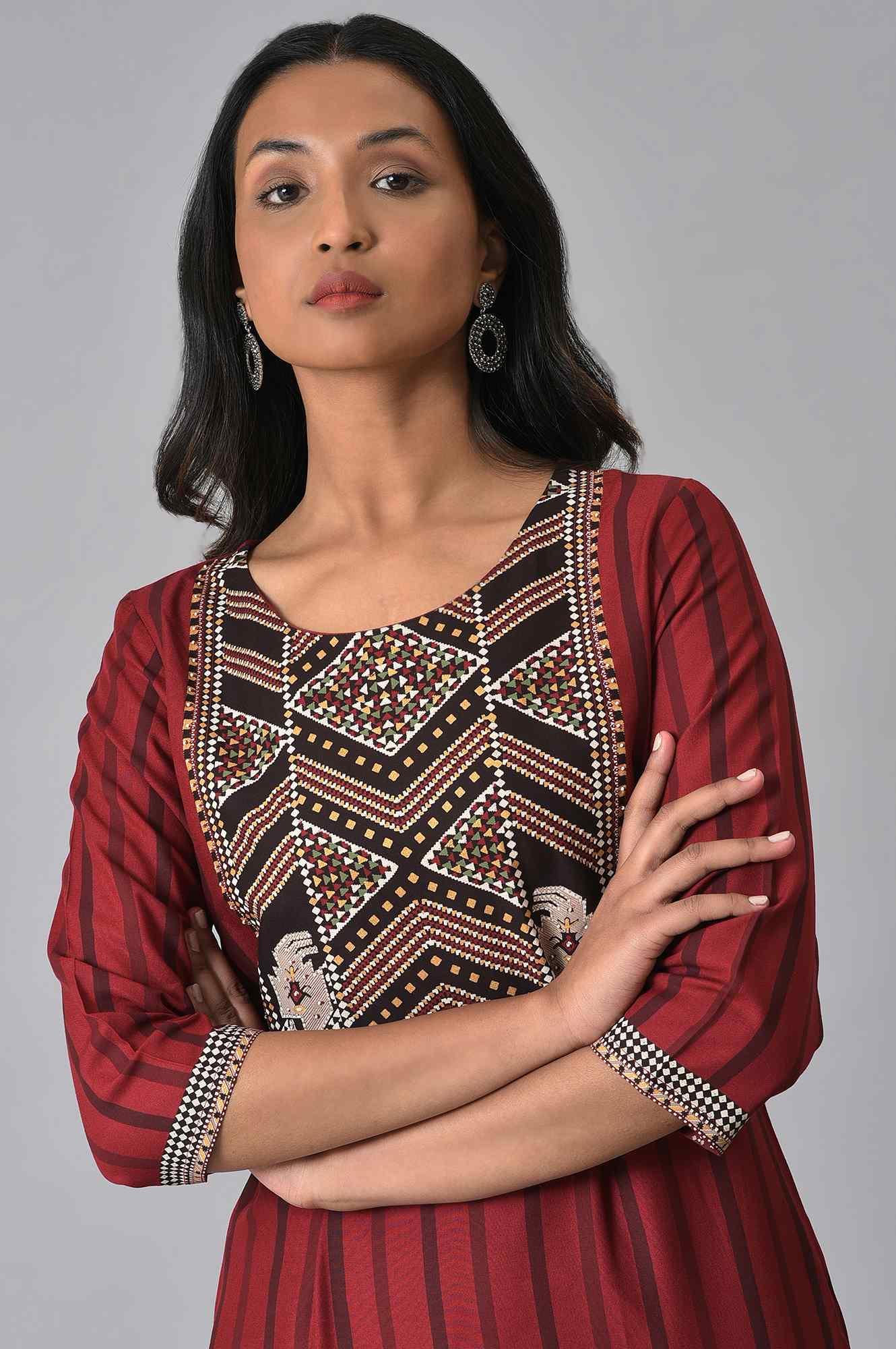 Red Stripe Sraight kurta Set - wforwoman