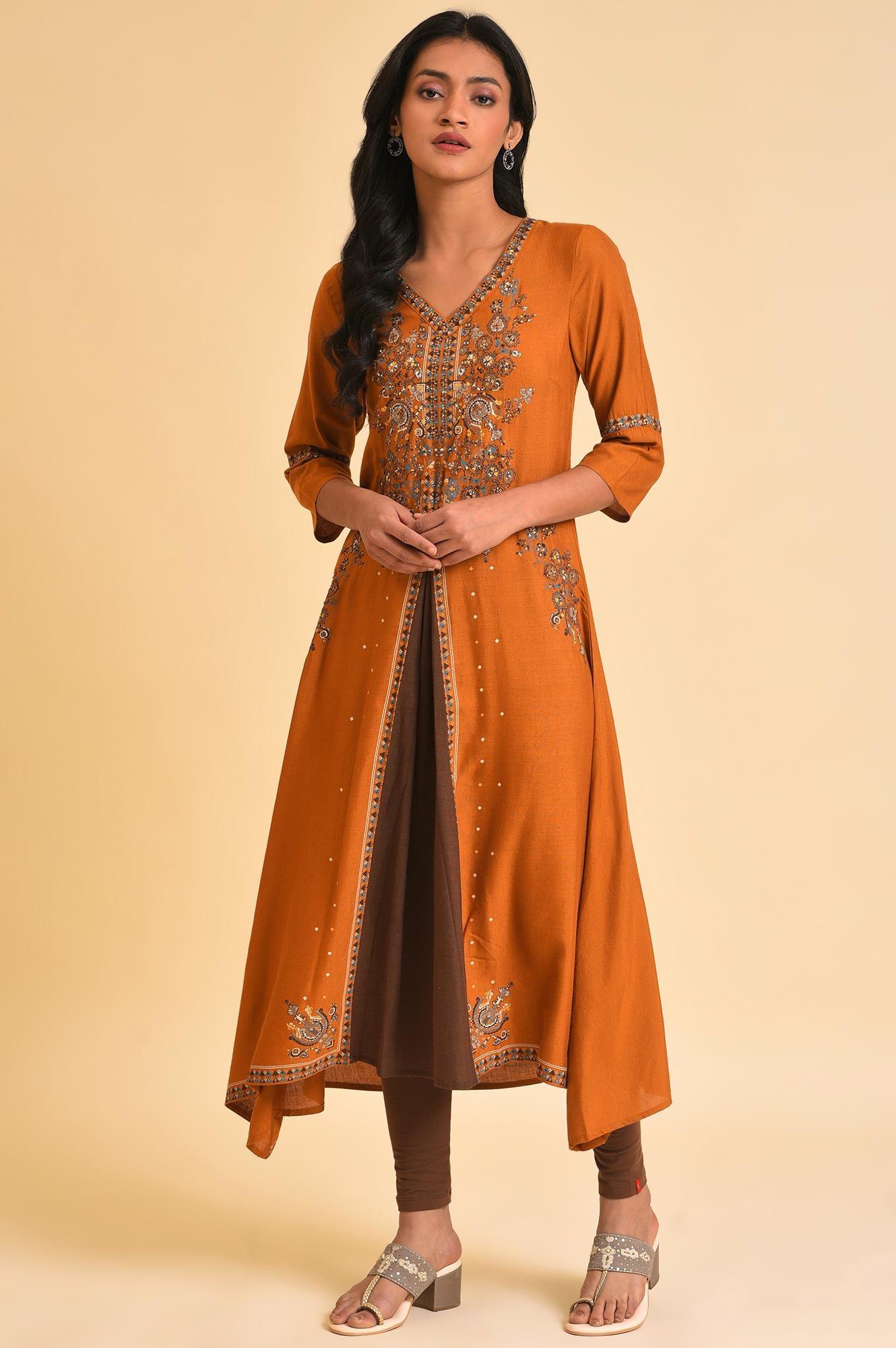 Dark Yellow Printed Godget Dress & Tights Set - wforwoman