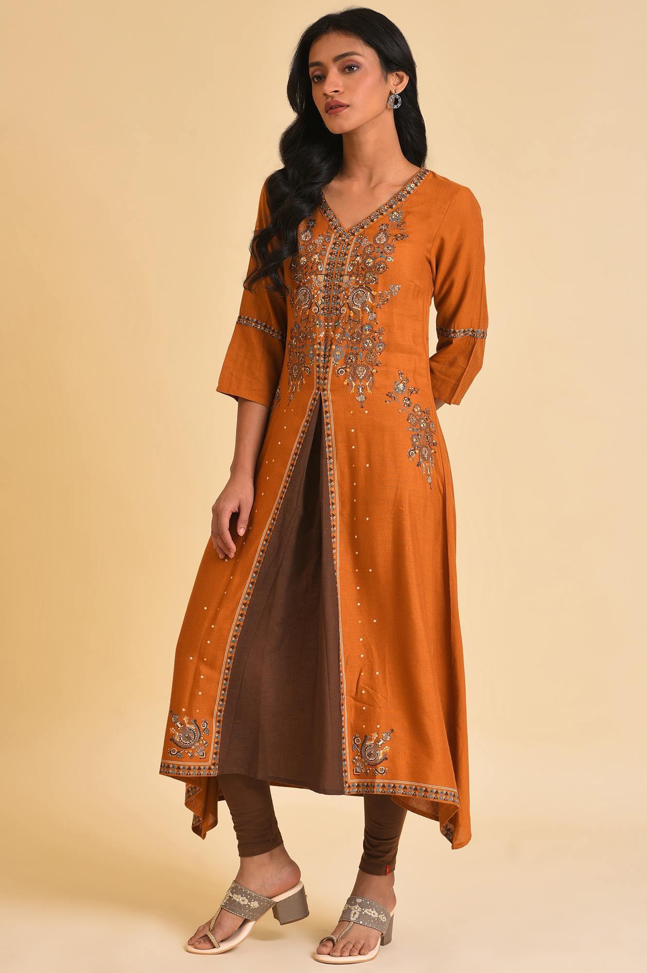 Dark Yellow Printed Godget Dress & Tights Set - wforwoman