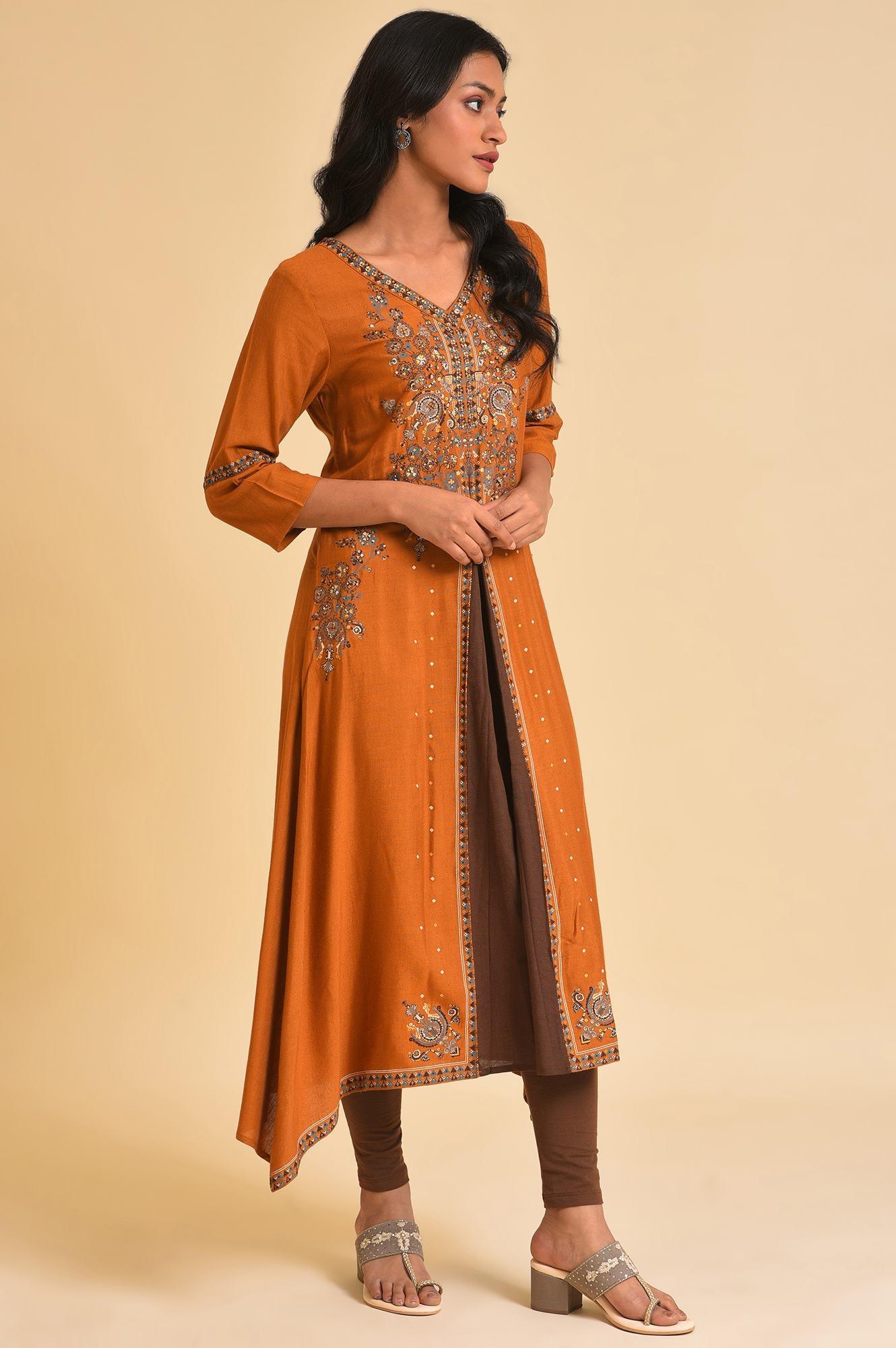 Dark Yellow Printed Godget Dress & Tights Set - wforwoman