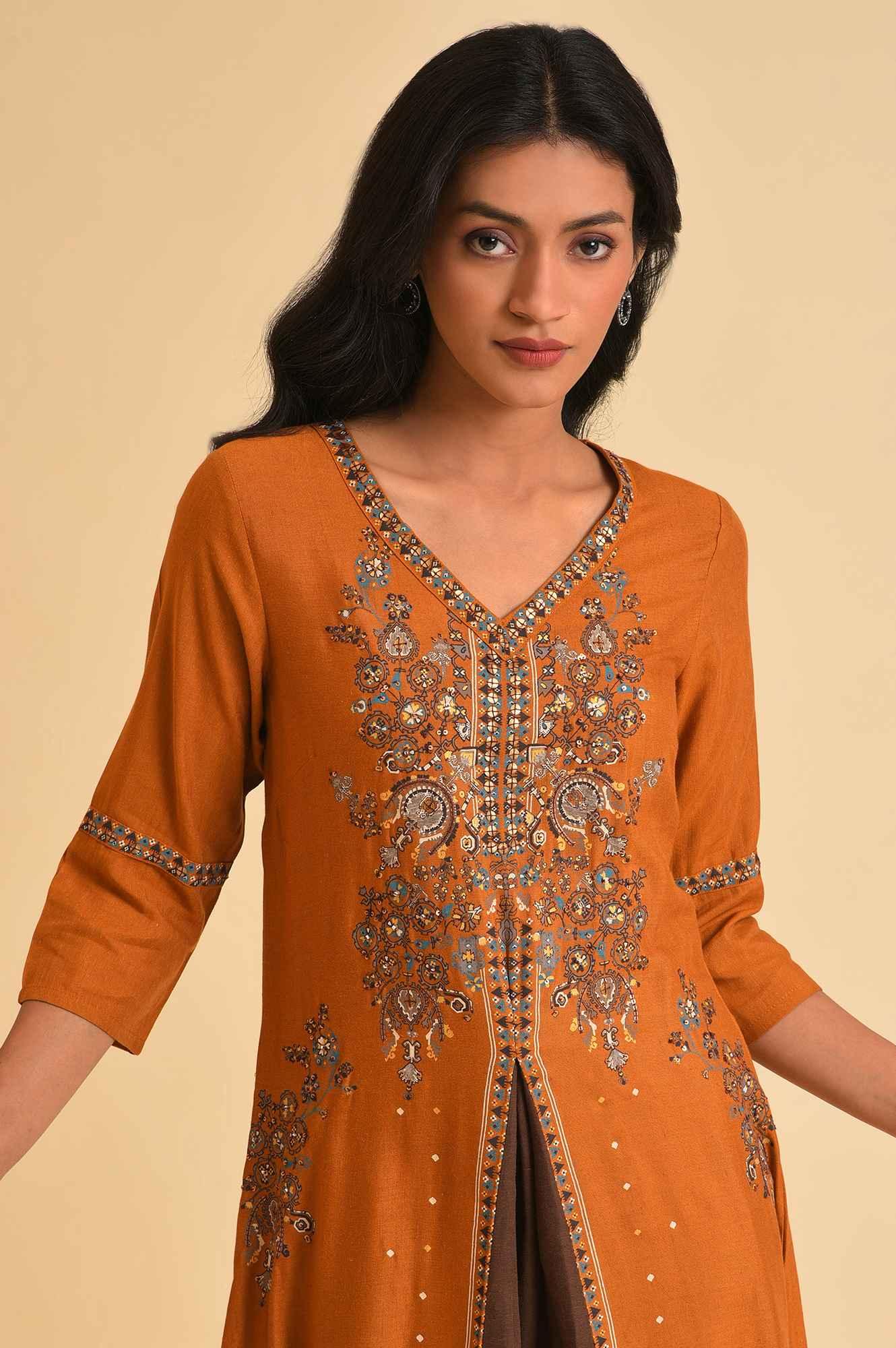 Dark Yellow Printed Godget Dress & Tights Set - wforwoman