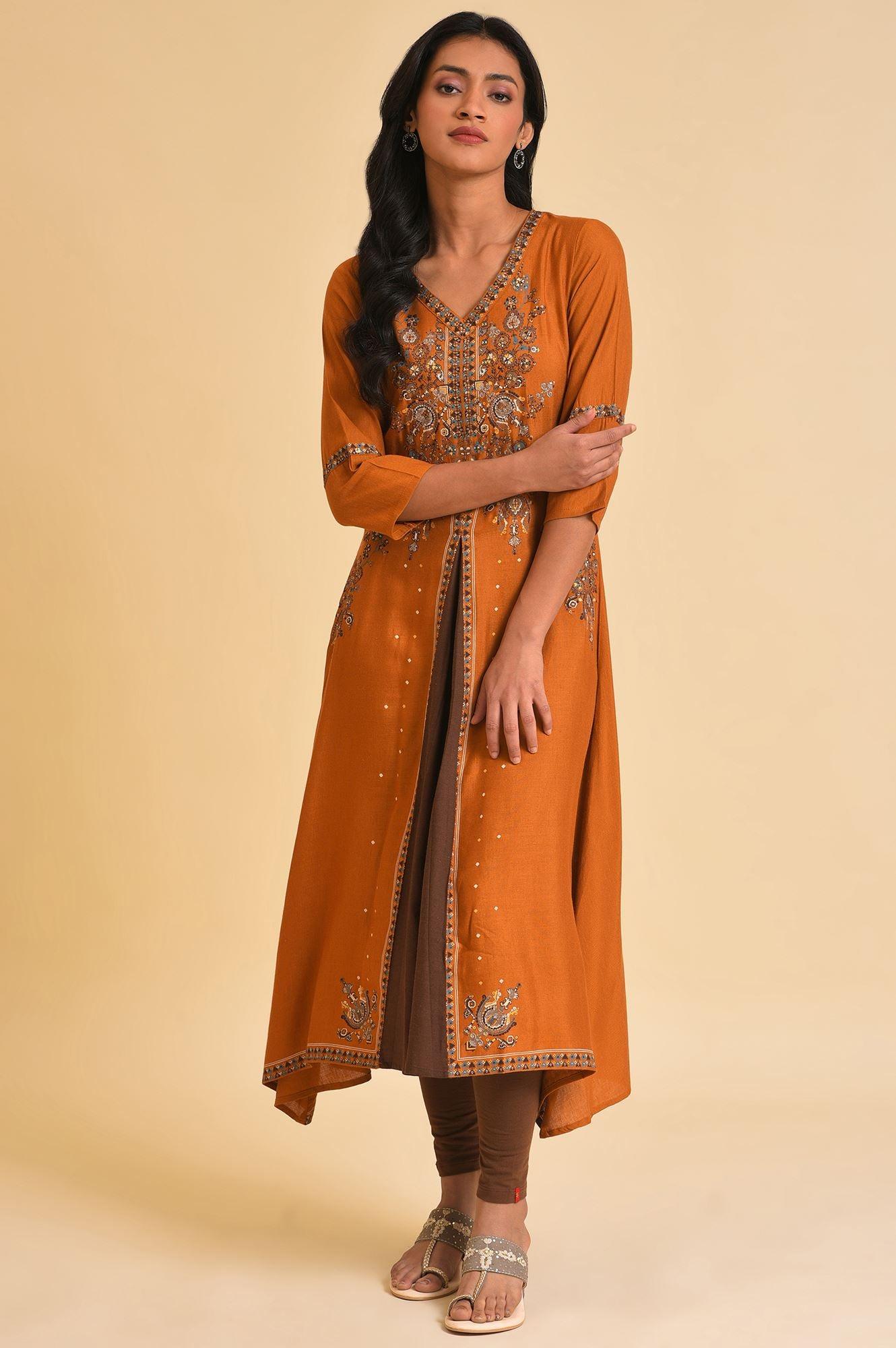 Dark Yellow Printed Godget Dress & Tights Set - wforwoman