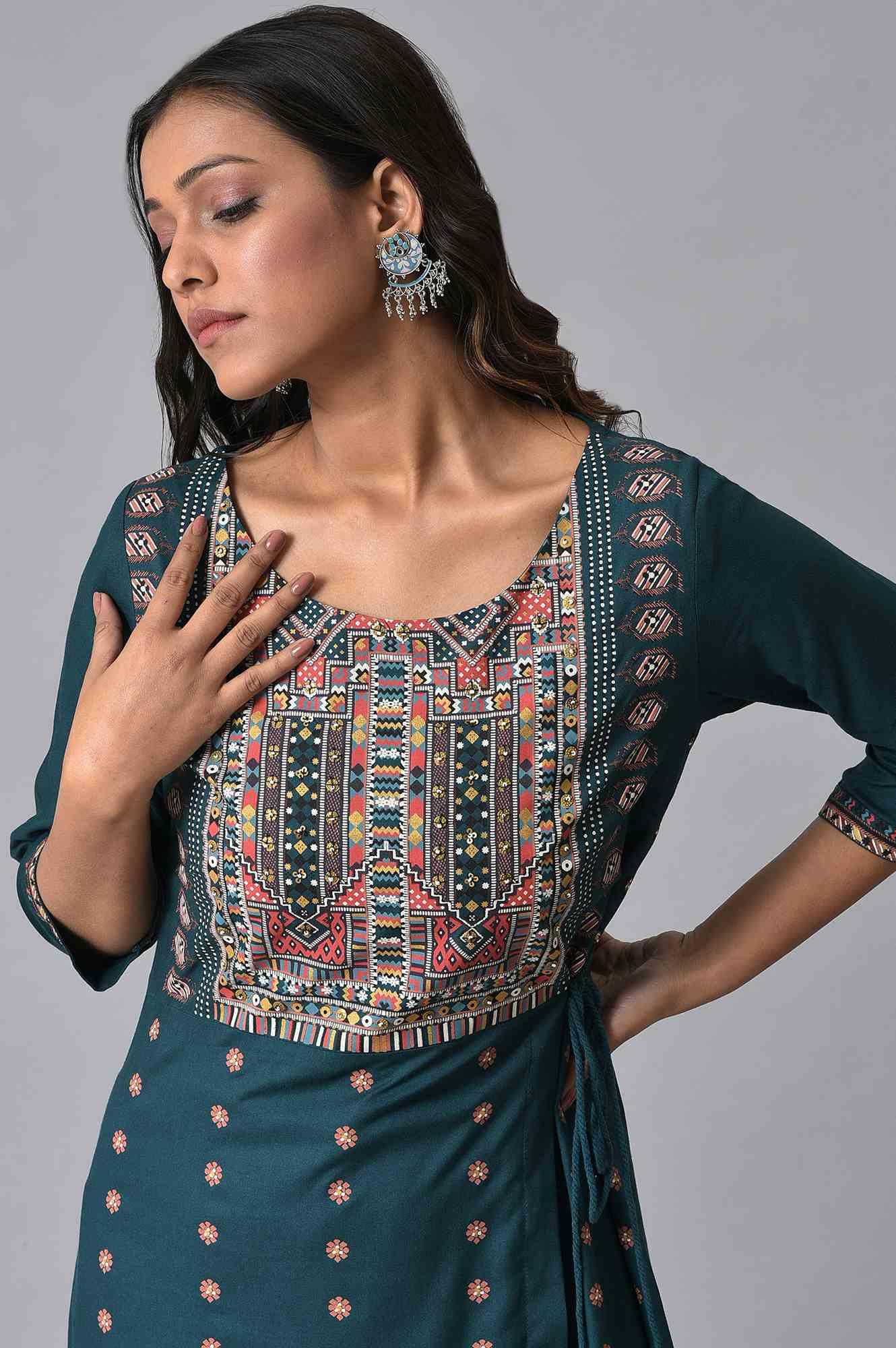 Teal Printed Mock-Layer kurta Set - wforwoman
