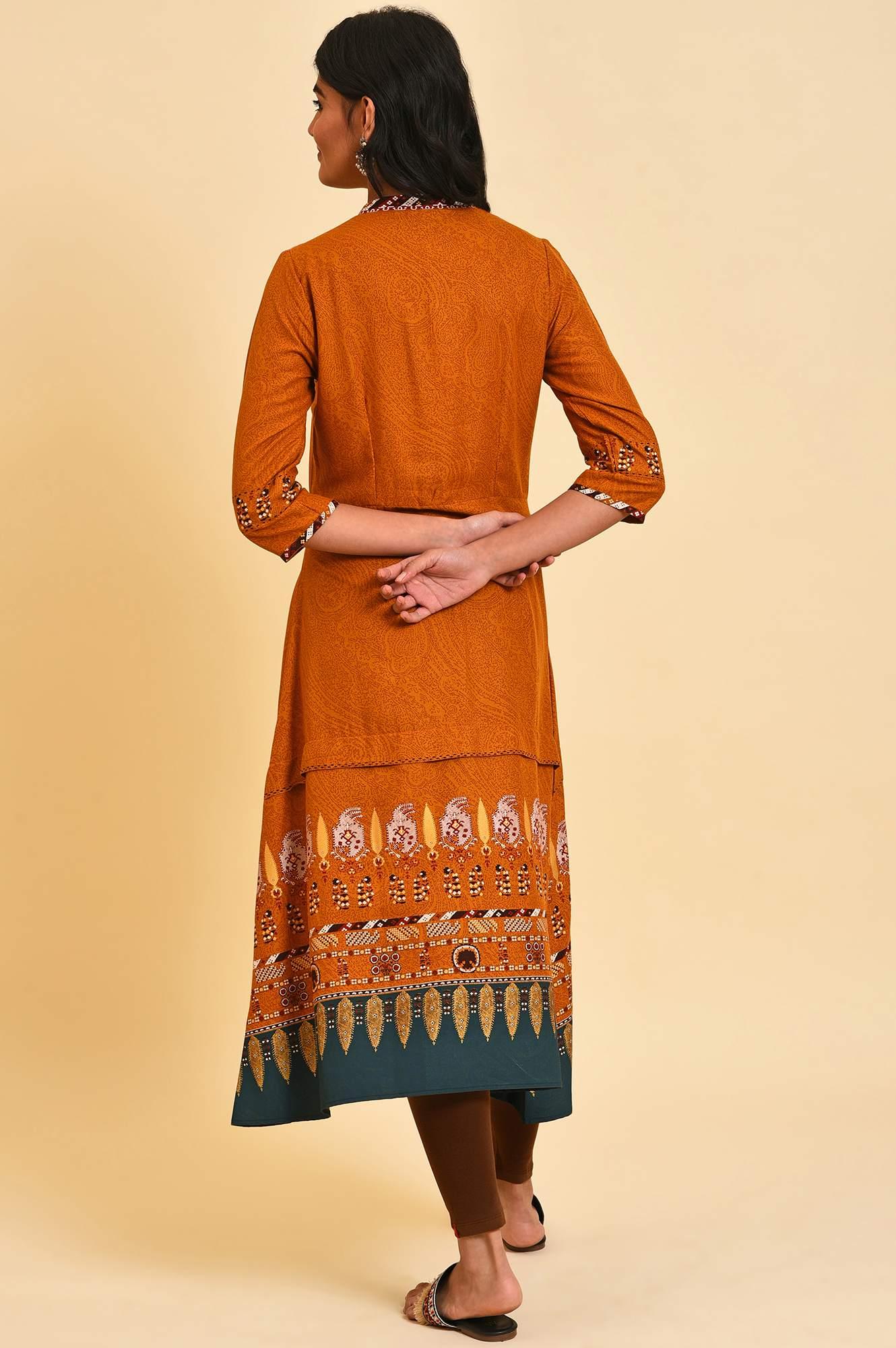 Mustard Printed A-Line Dress Set - wforwoman