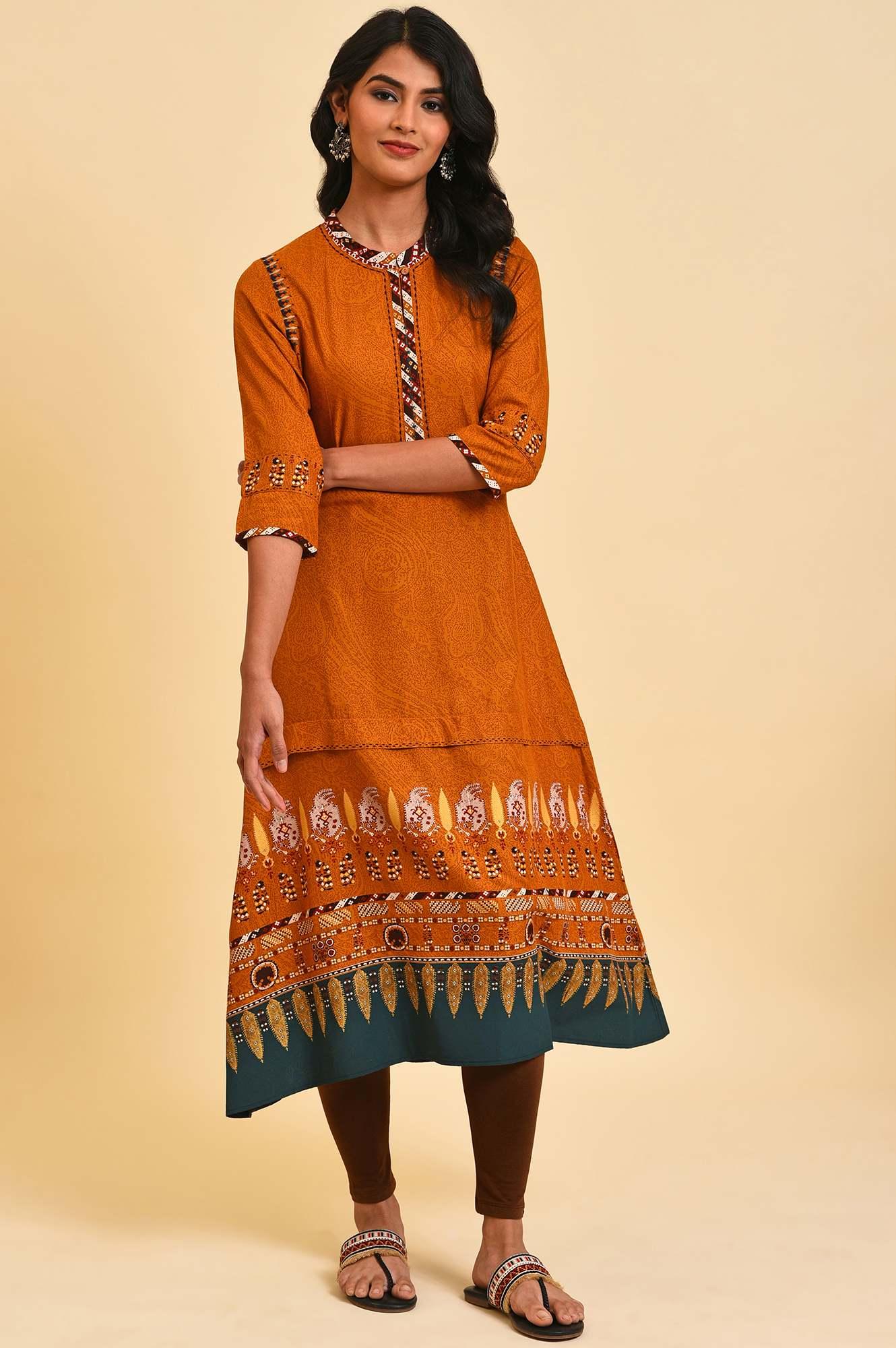 Mustard Printed A-Line Dress Set - wforwoman