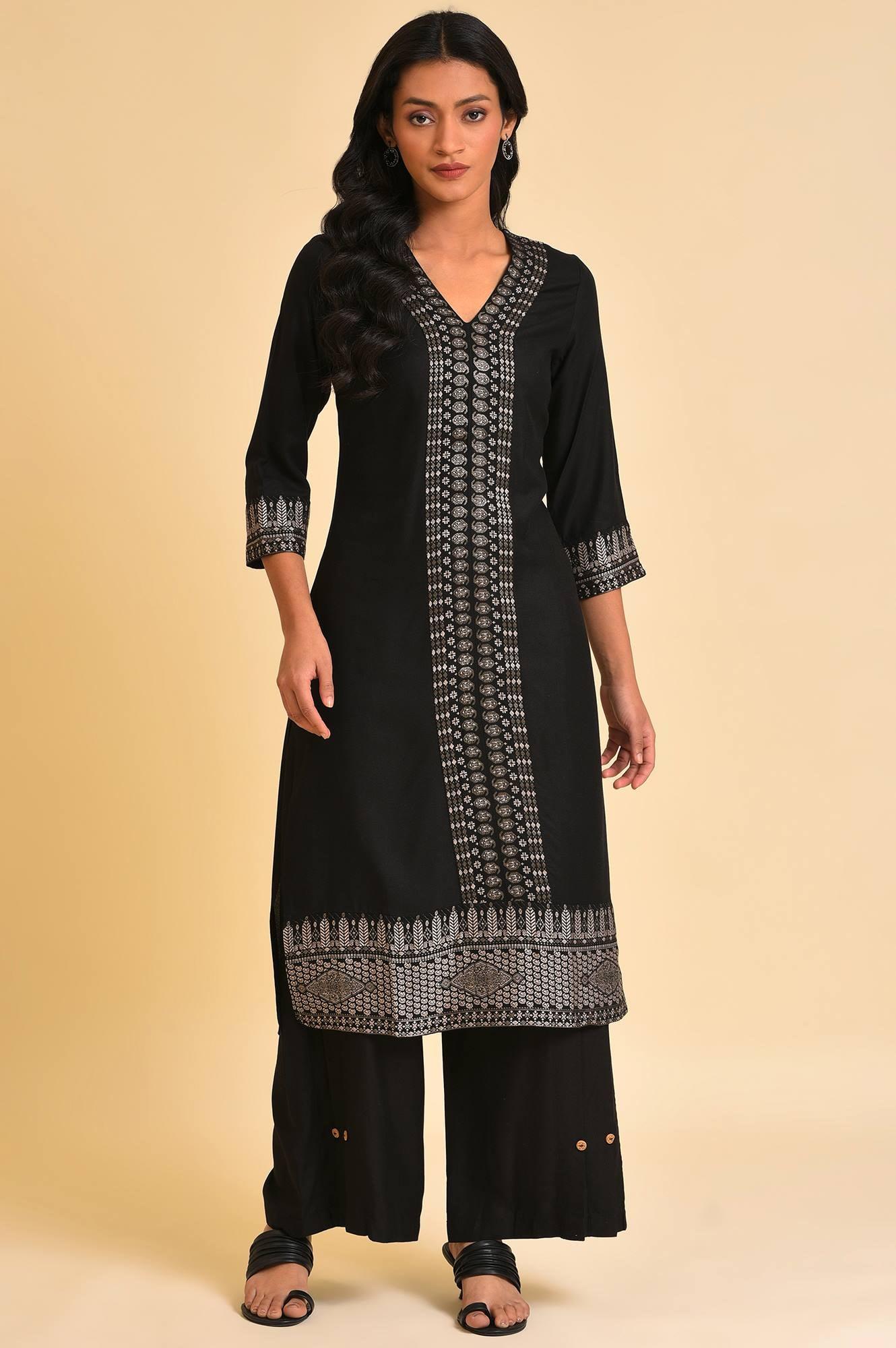 Black Placement Print kurta & Parallel Pants Set - wforwoman