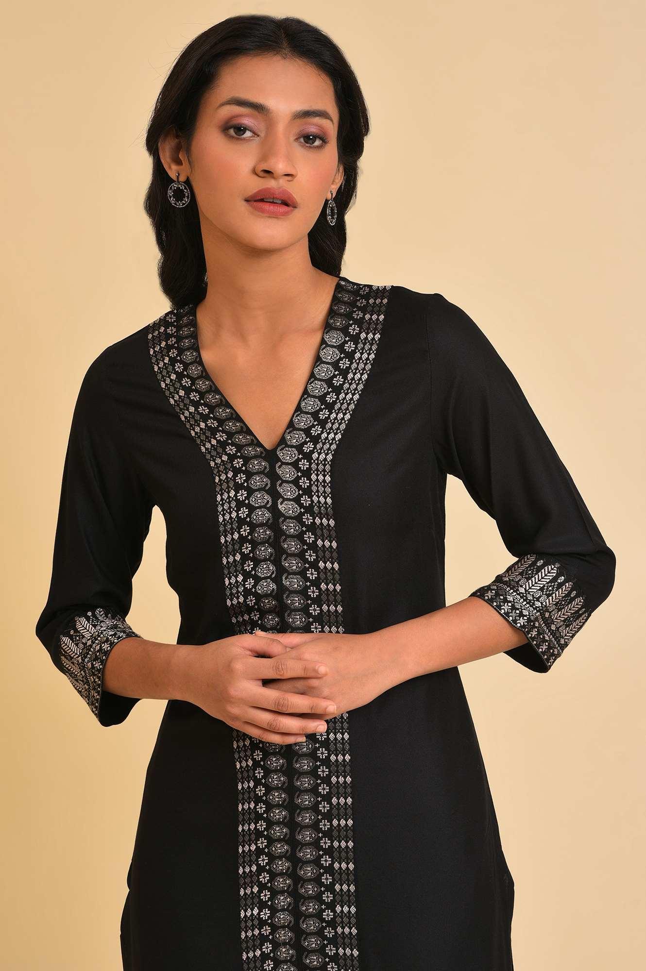 Black Placement Print kurta & Parallel Pants Set - wforwoman