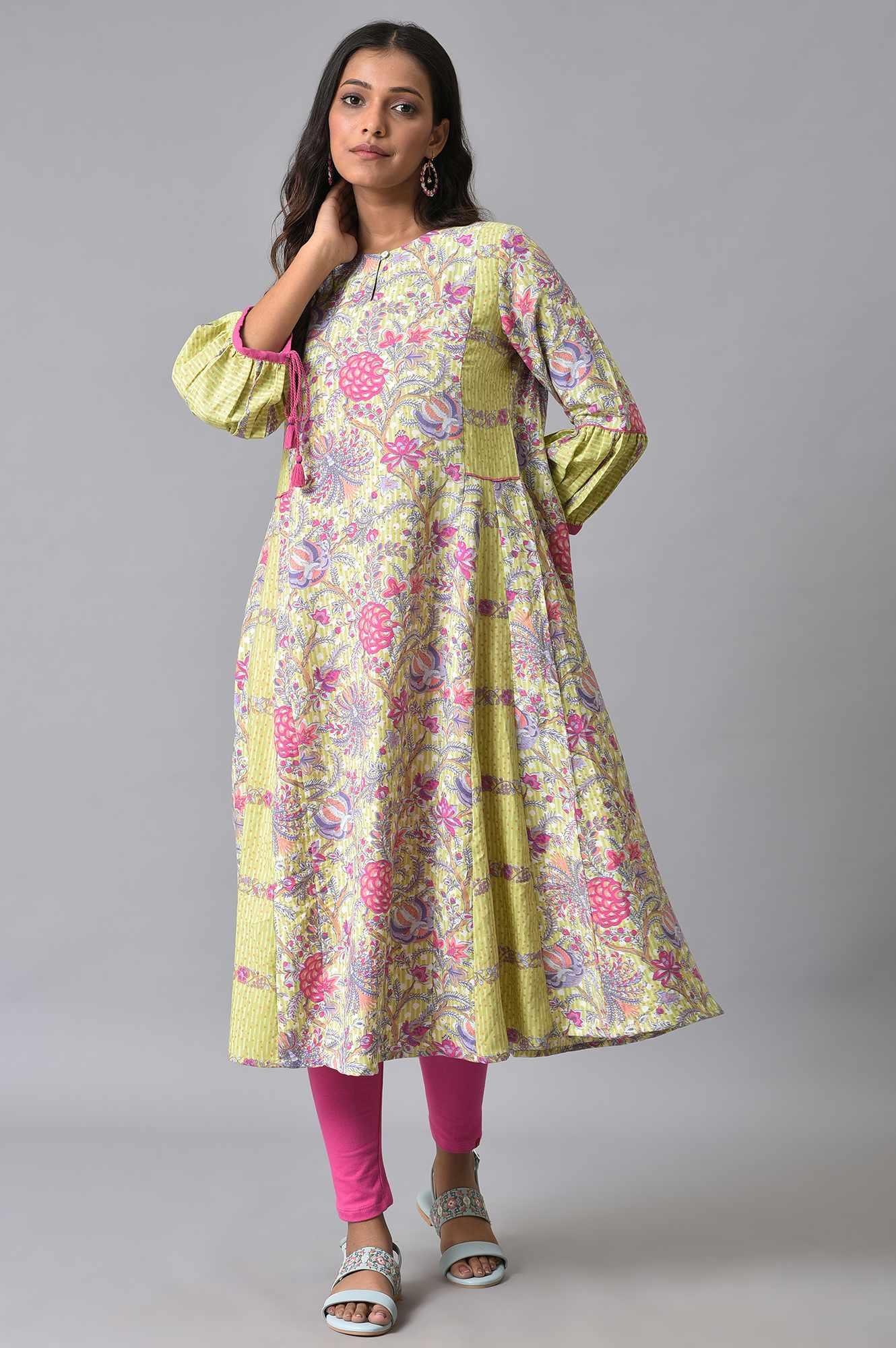 Green Printed Godget Summer Dress With Pink Tights - wforwoman