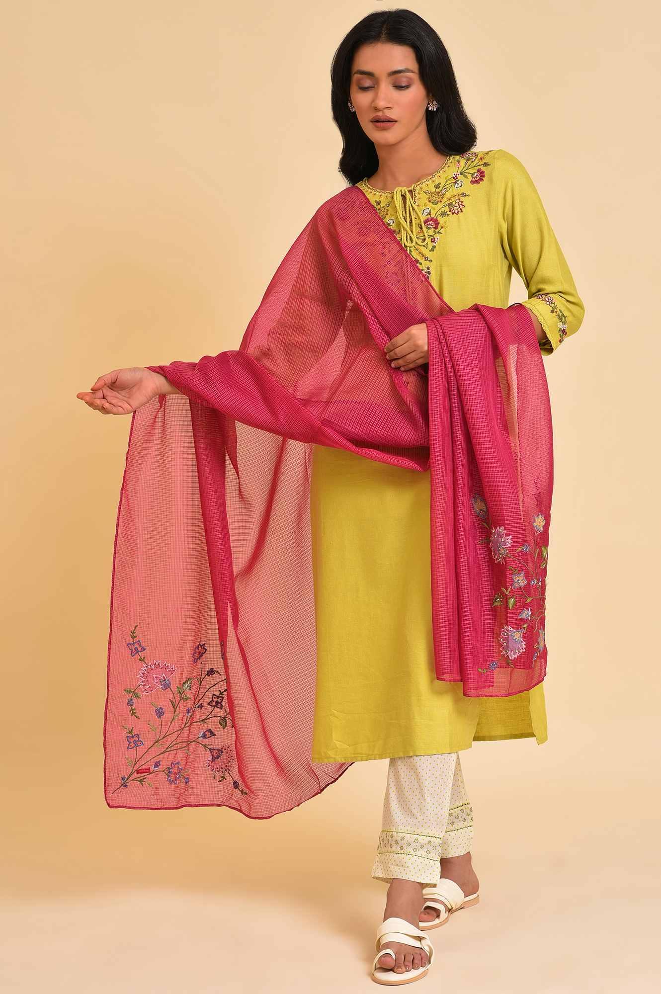 Lime Green Embroidered kurta, Pants And Dupatta Set - wforwoman