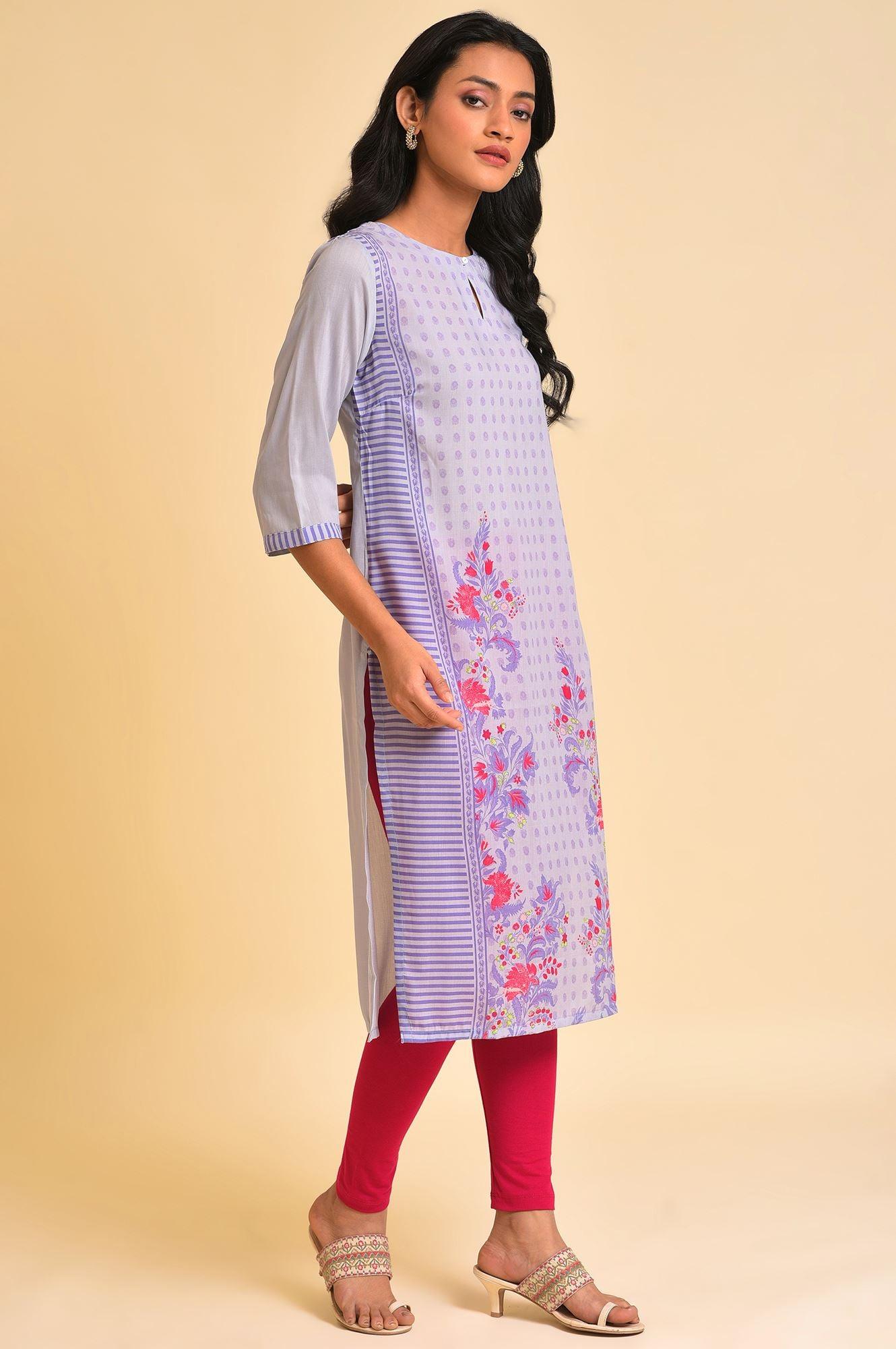 Purple Print Mix kurta & Tights Set - wforwoman