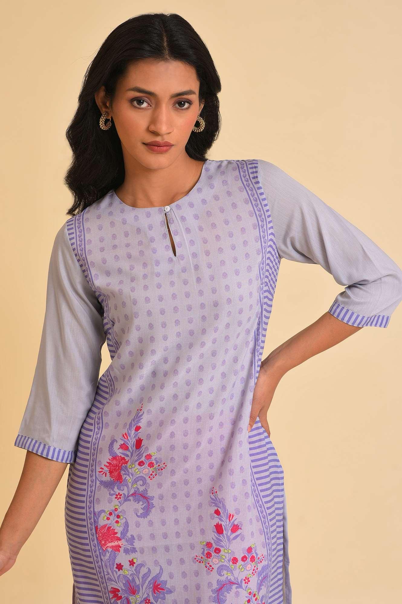 Purple Print Mix kurta & Tights Set - wforwoman