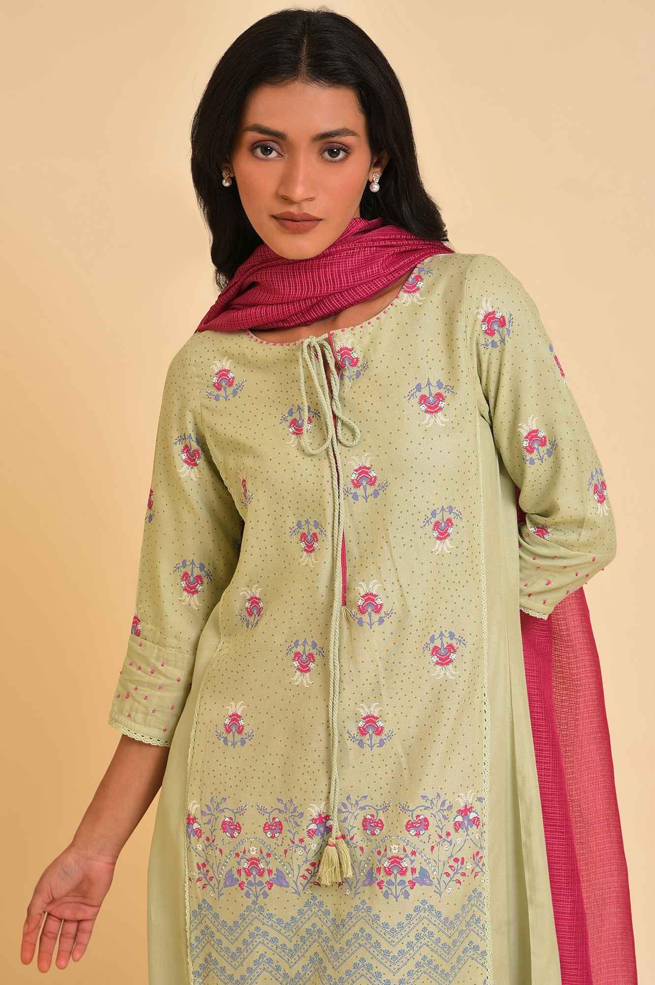Green Embroidered kurta, Parallel Pants & Dupatta Set - wforwoman