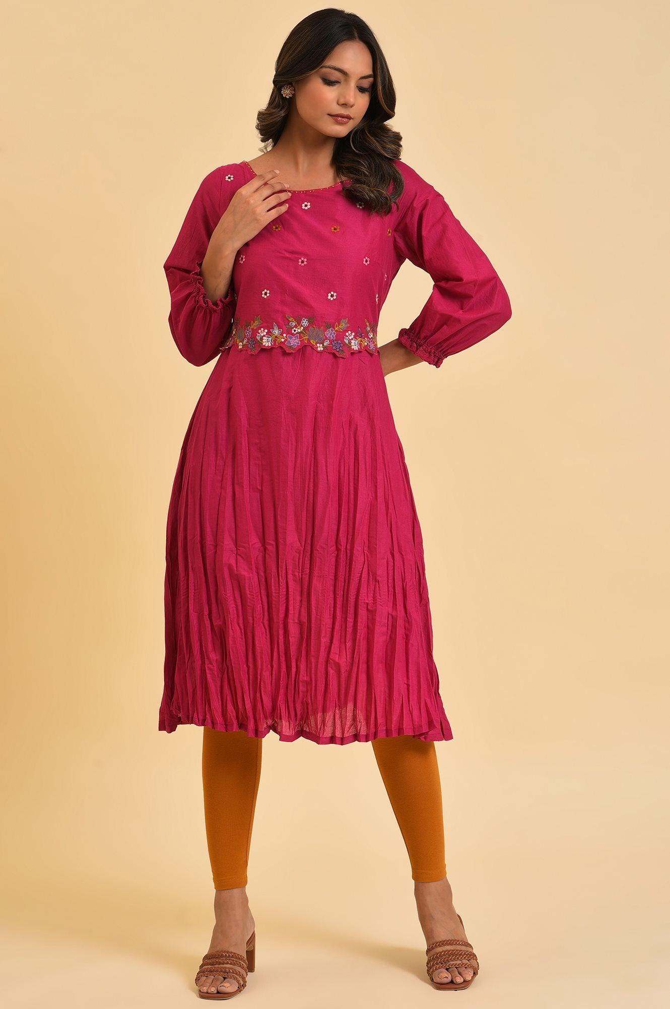 Berry Pink Embroidered kurta & Tights Set - wforwoman