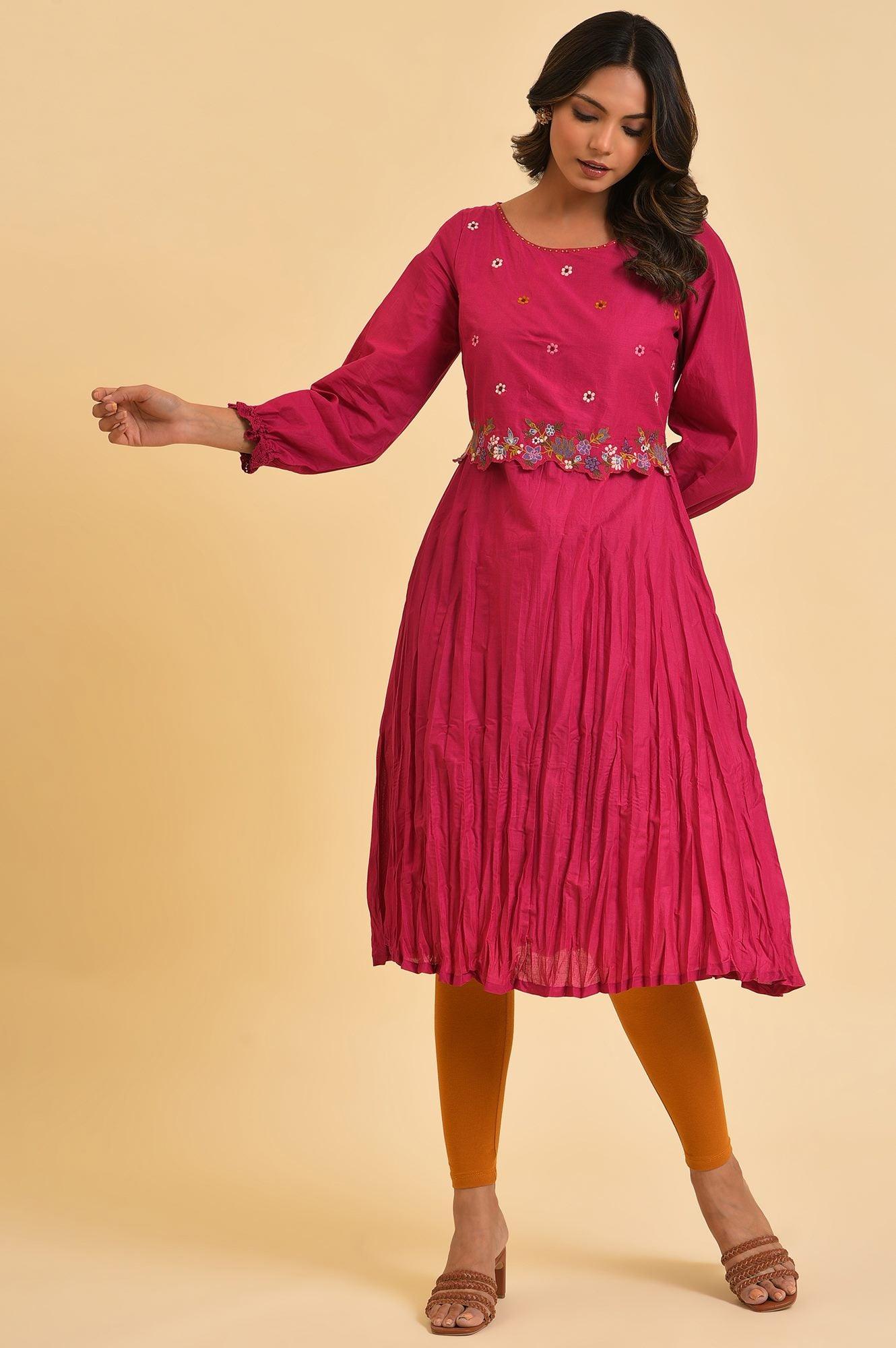 Berry Pink Embroidered kurta & Tights Set - wforwoman