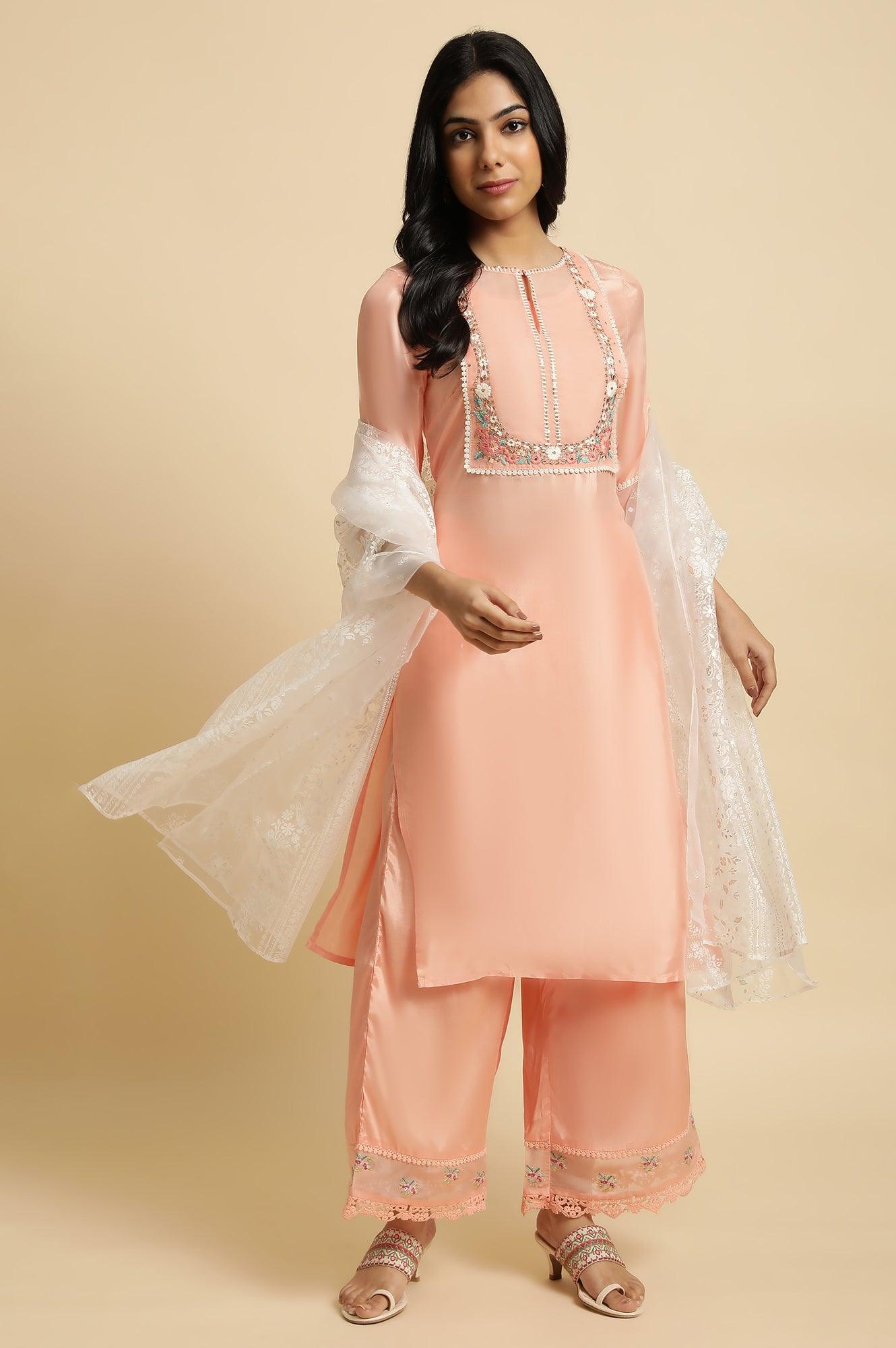 Peach Embroidered Kurta, Pants And Dupatta Set - wforwoman