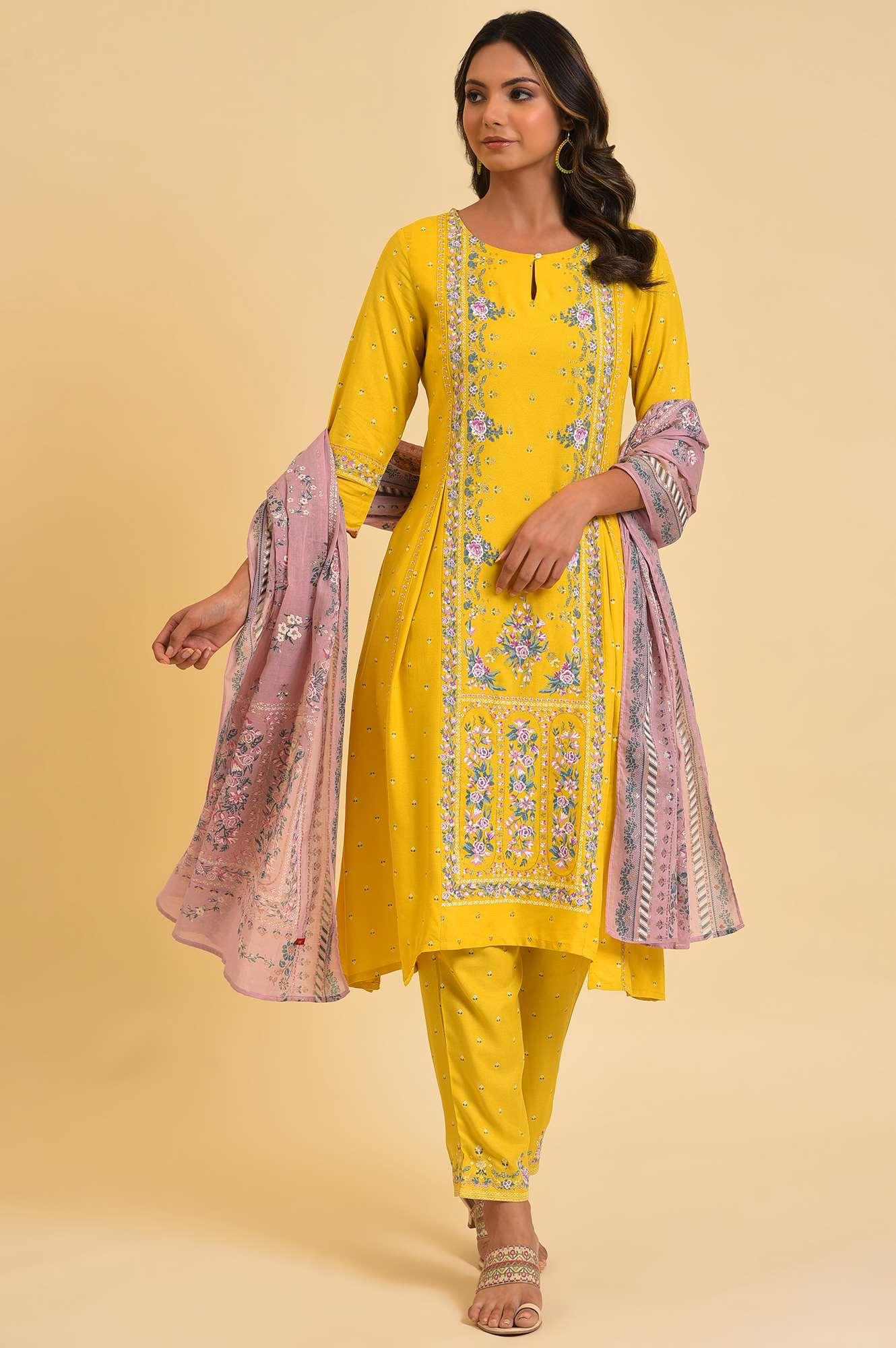 Yellow Glitter Printed Festive kurta, Pants & Dupatta Set - wforwoman
