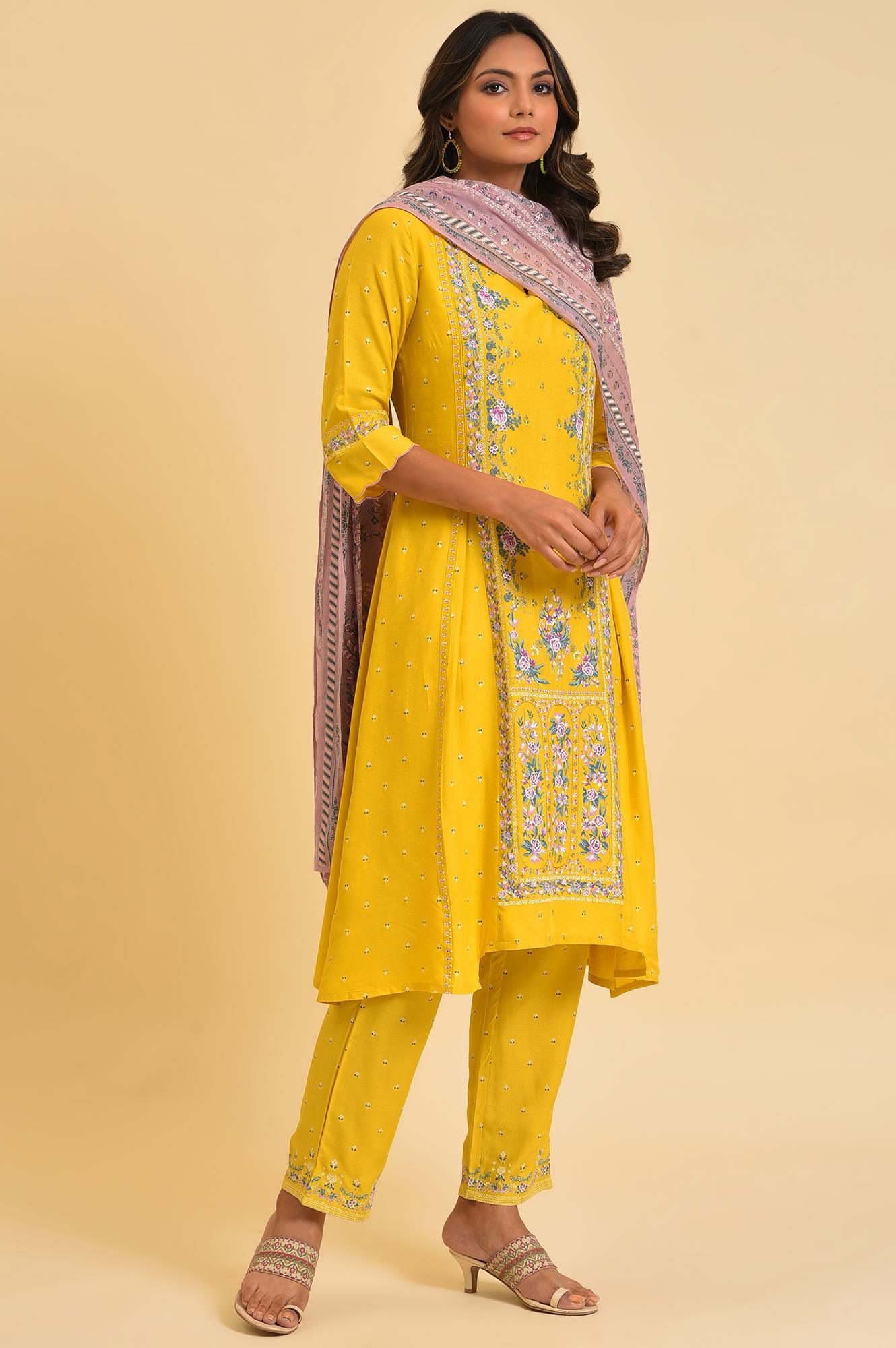 Yellow Glitter Printed Festive kurta, Pants & Dupatta Set - wforwoman