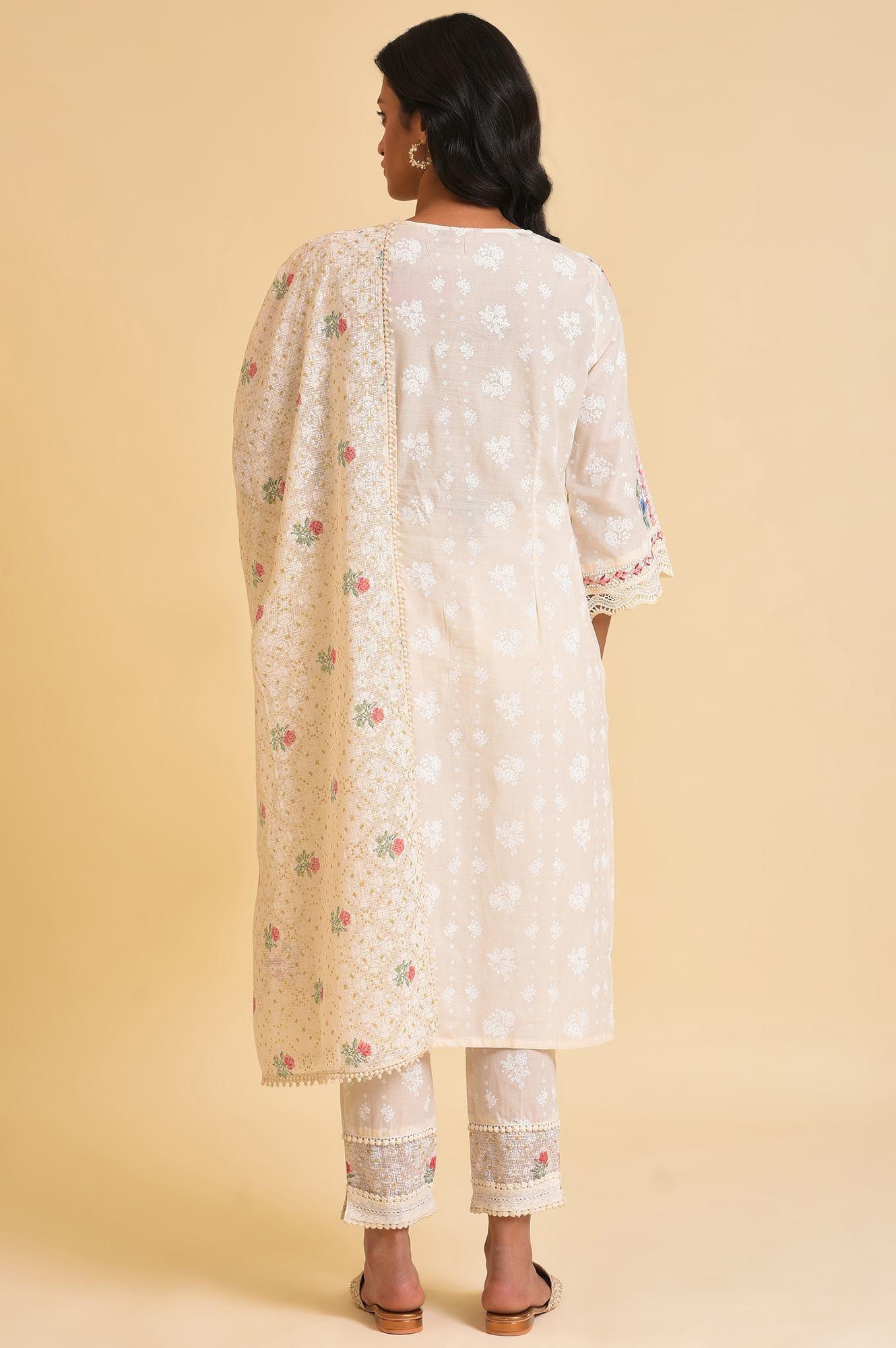 Plus Size Ecru Printed Festive kurta, Pants & Dupatta Set - wforwoman
