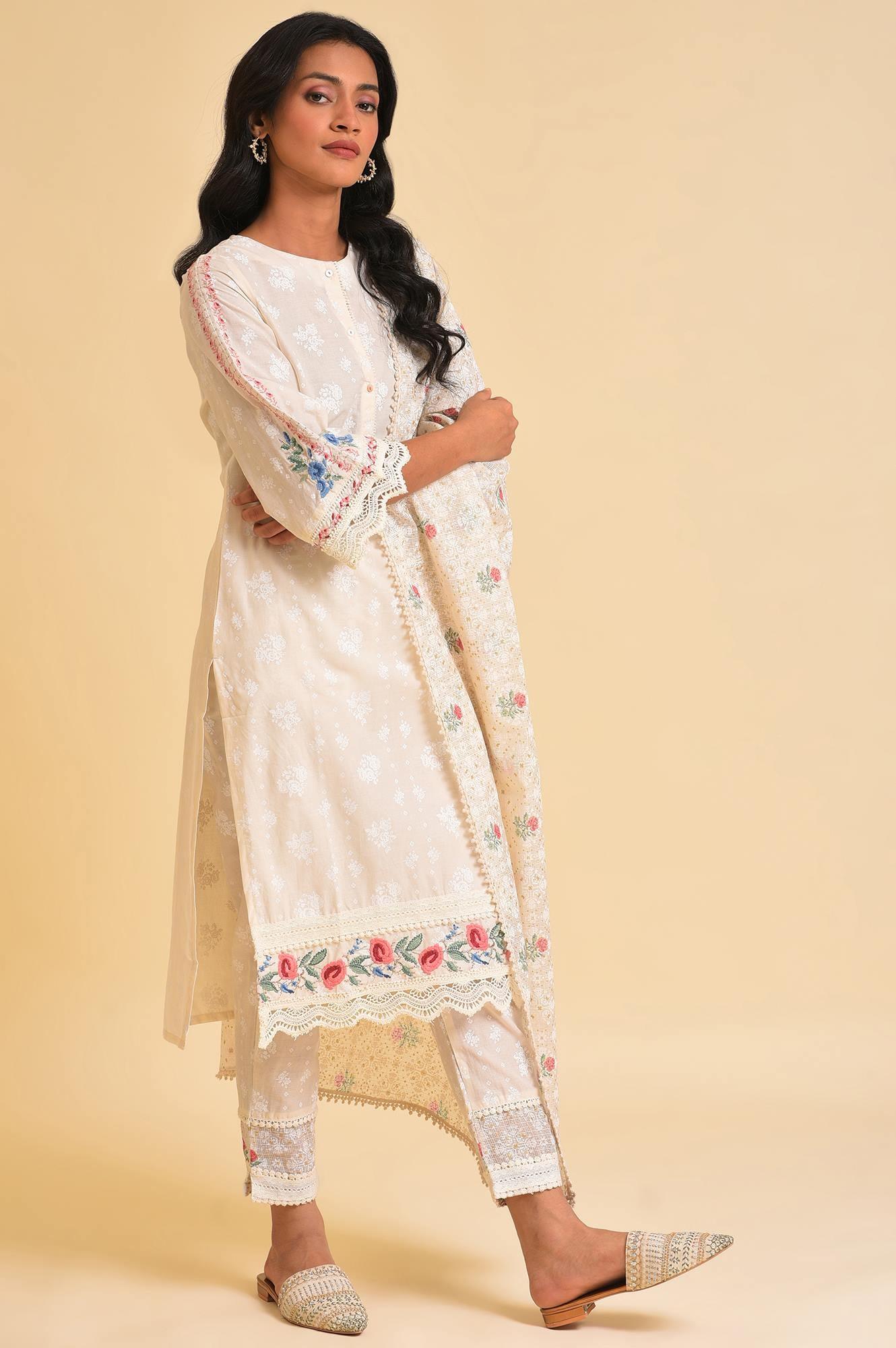Ecru Printed Festive kurta, Pants & Dupatta Set - wforwoman