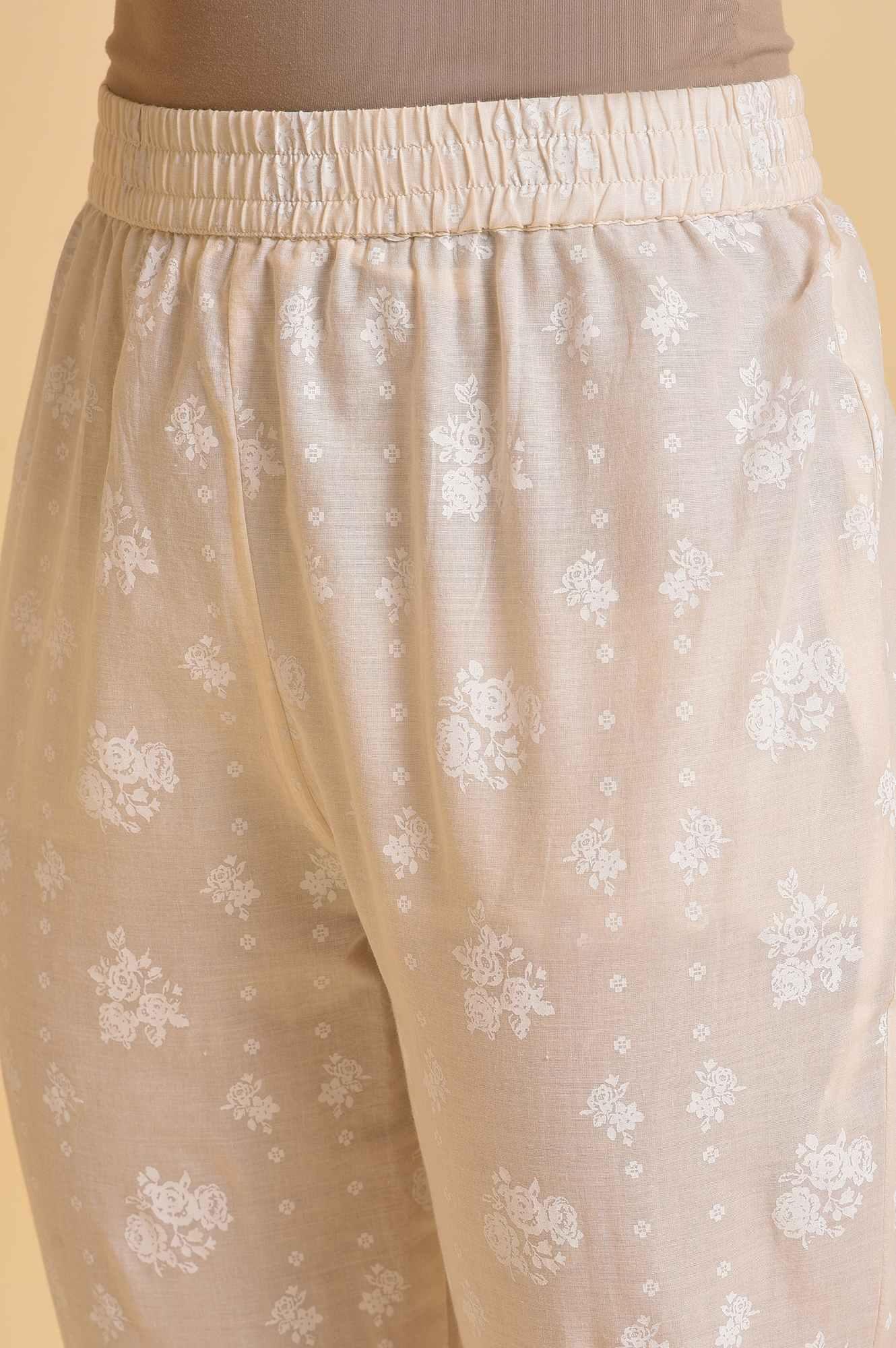 Ecru Printed Festive kurta, Pants & Dupatta Set - wforwoman